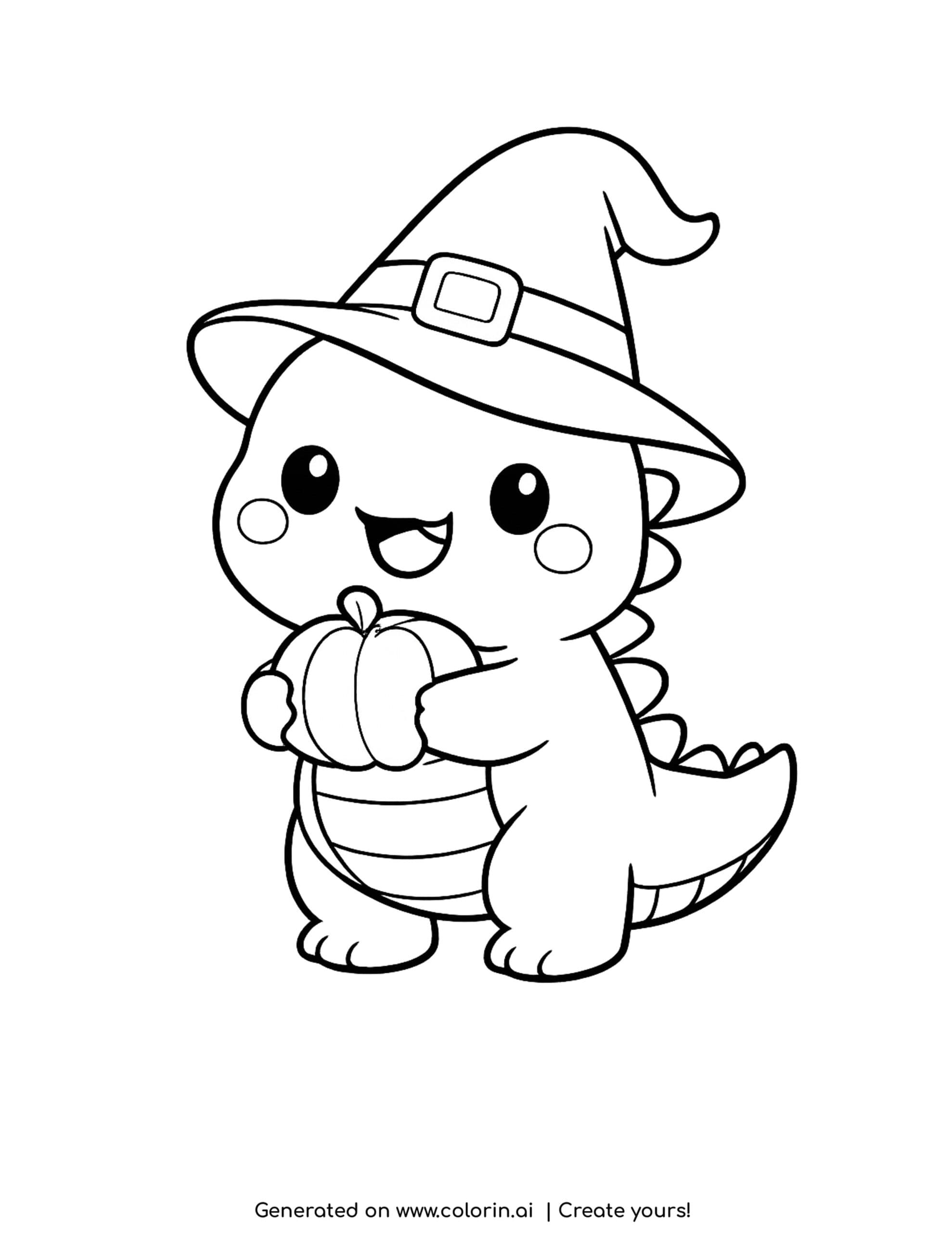 halloween dinosaur coloring pages, a cute cartoon dinosaur wearing a witch hat and holding a pumpkin