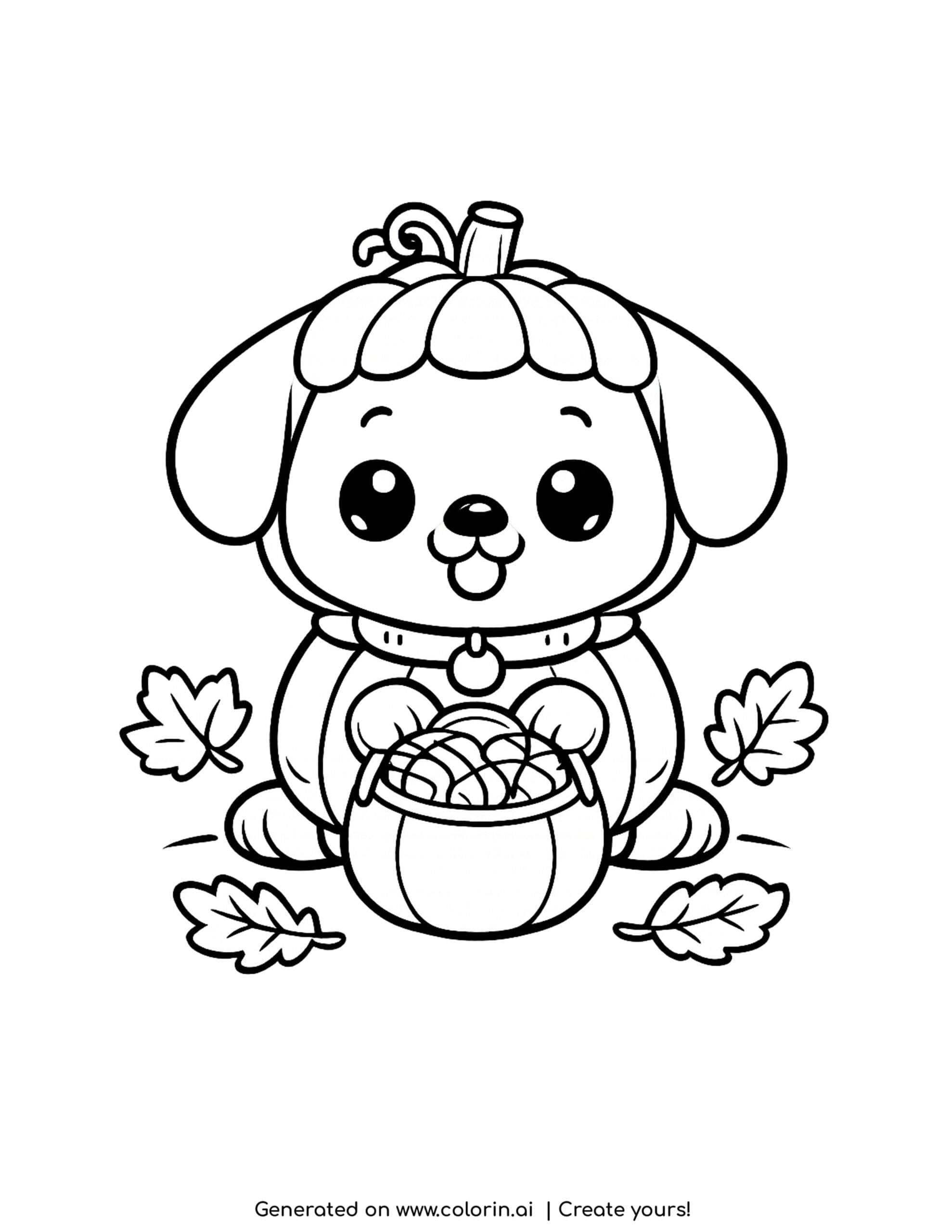 halloween dog coloring pages, a cute puppy in a pumpkin costume with a candy bucket and autumn leaves