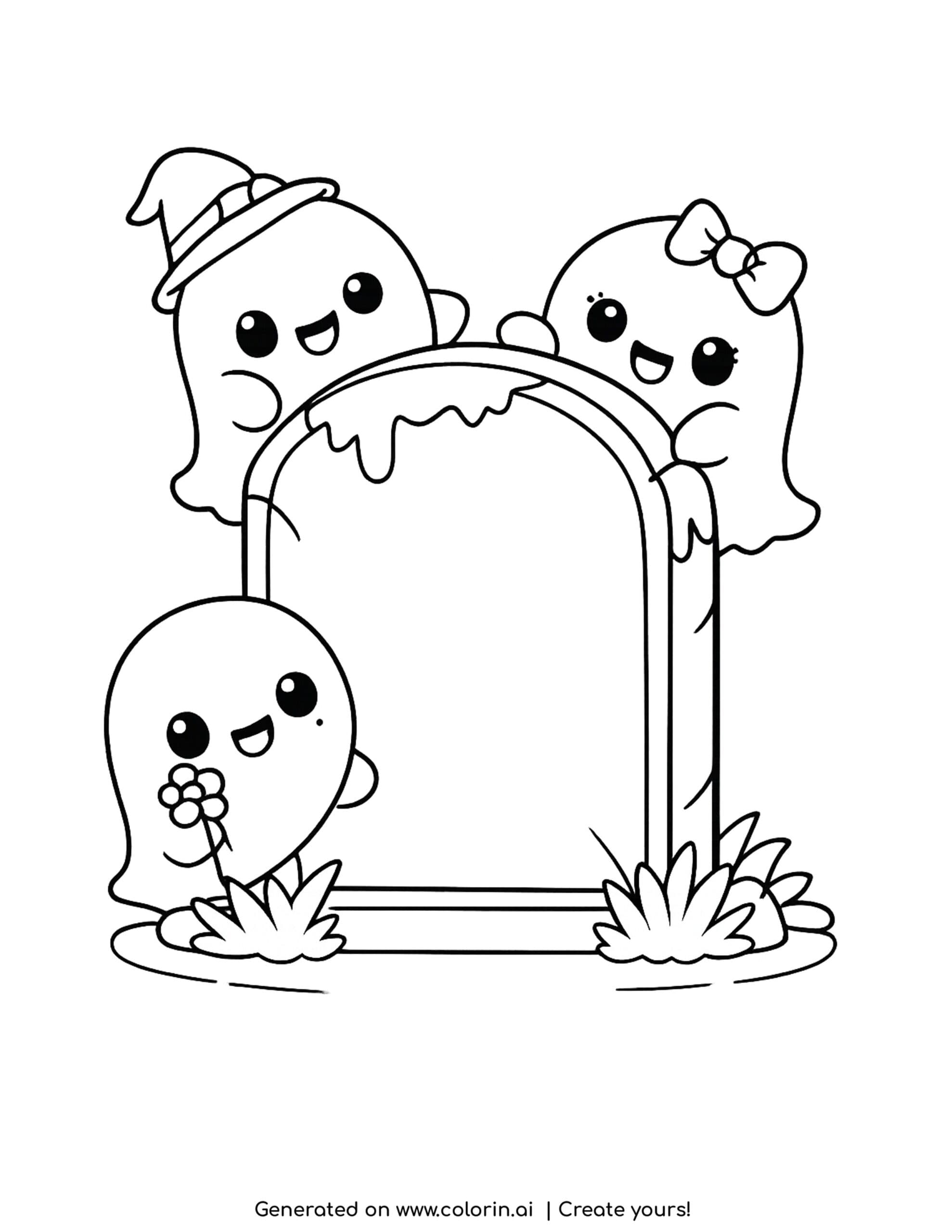 halloween ghost coloring pages, three cute ghosts peeking around a tombstone with grass