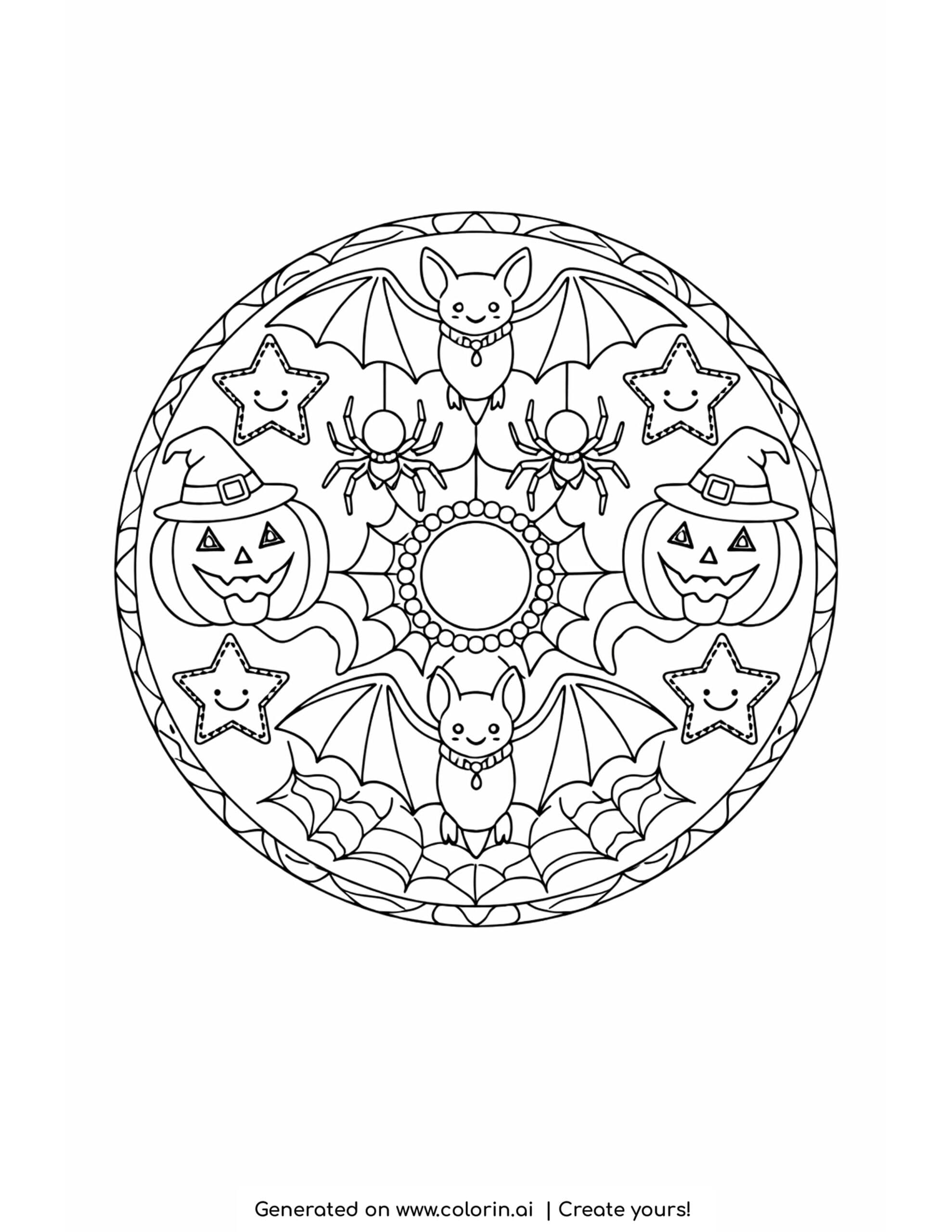 halloween mandala coloring pages, a circular mandala of repeating bats, pumpkins, spiders, and stars