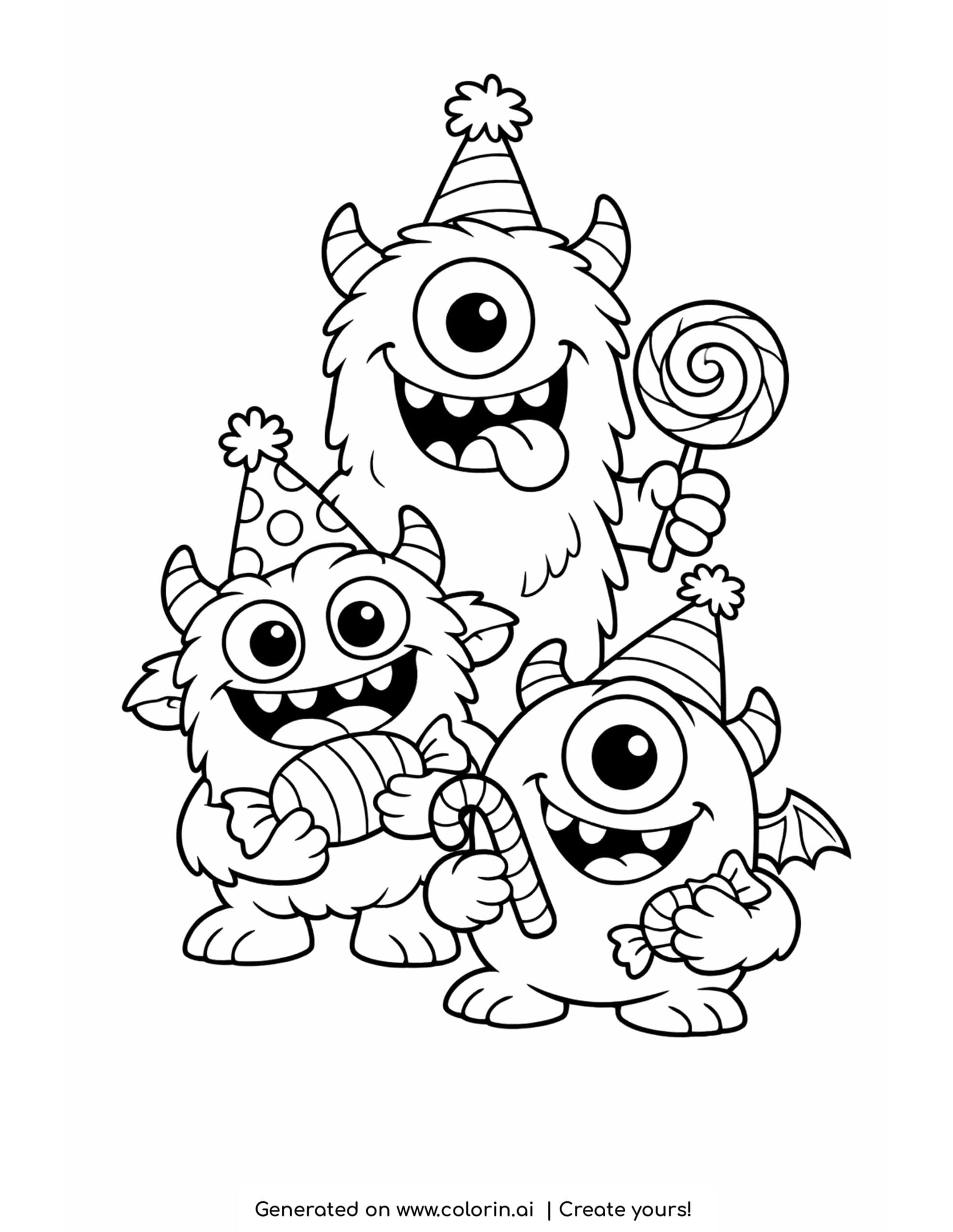 halloween monster coloring pages, three goofy furry monsters in party hats holding candy