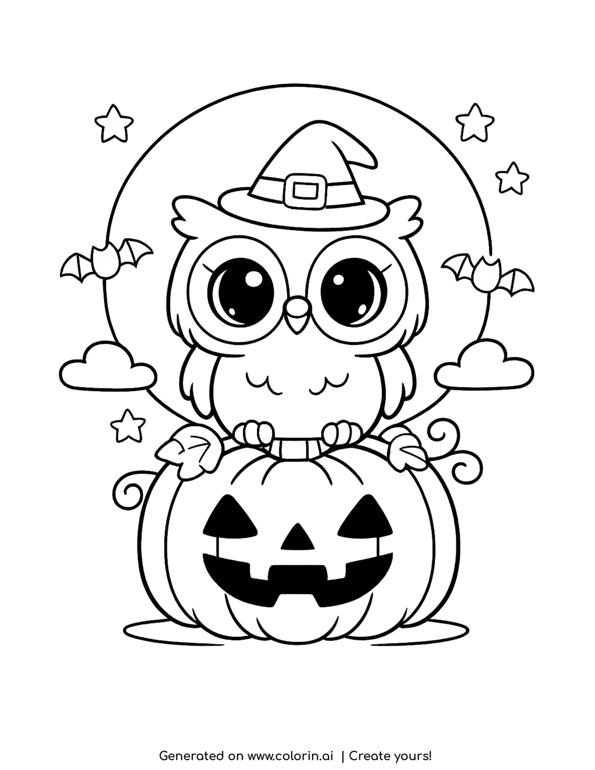 halloween owl coloring pages, a round owl in a tiny witch hat perched on a pumpkin with a moon and bats