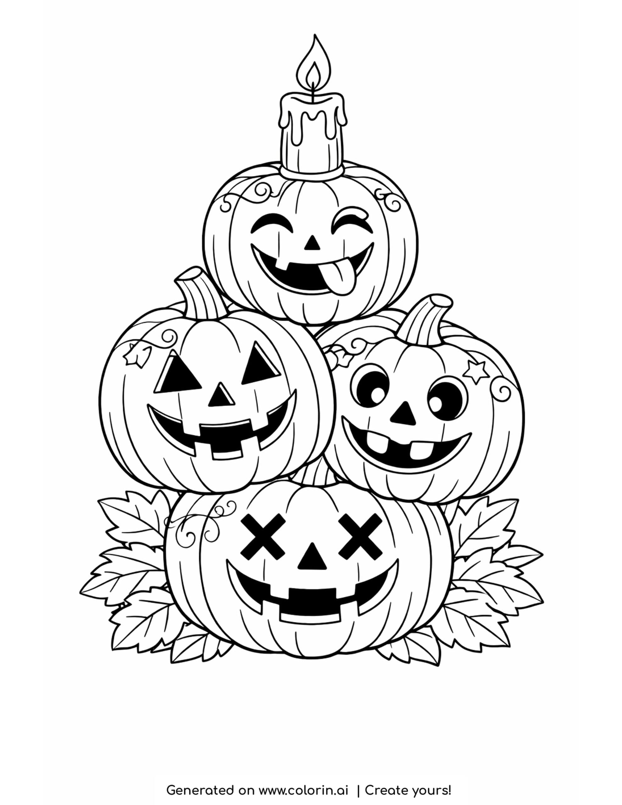 halloween pumpkin coloring pages, a stack of carved jack-o-lanterns with a candle on top and leaves