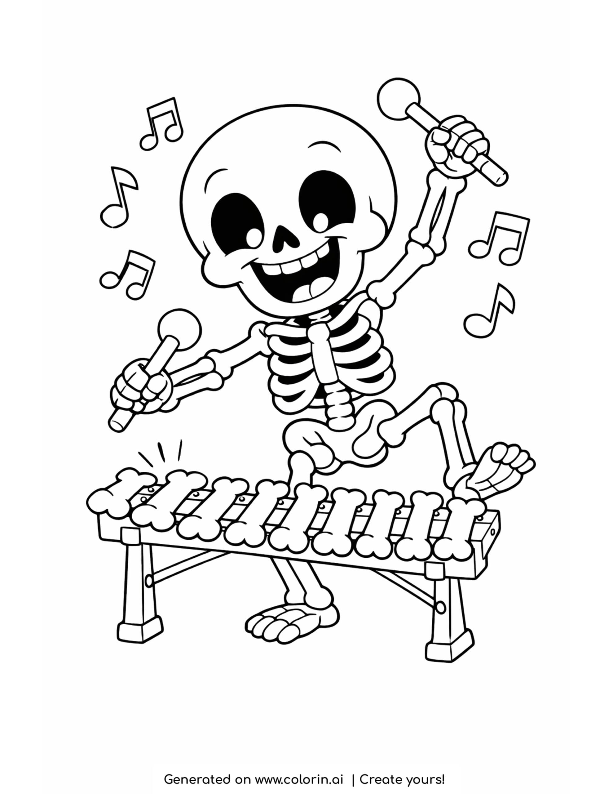 halloween skeleton coloring pages, a cheerful skeleton playing a xylophone made of bones with music notes