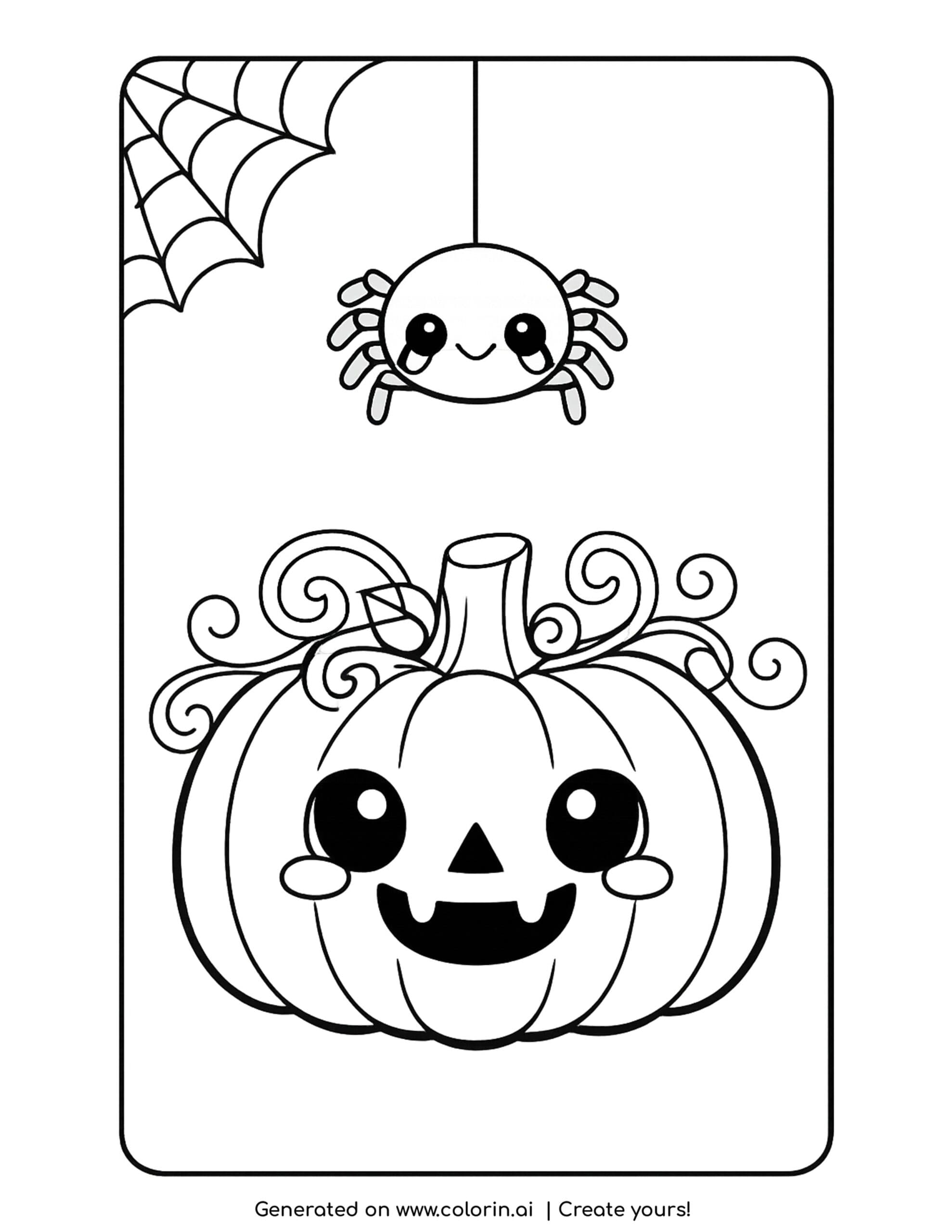 halloween spider coloring pages, a cute spider dangling on a thread above a carved pumpkin with a web