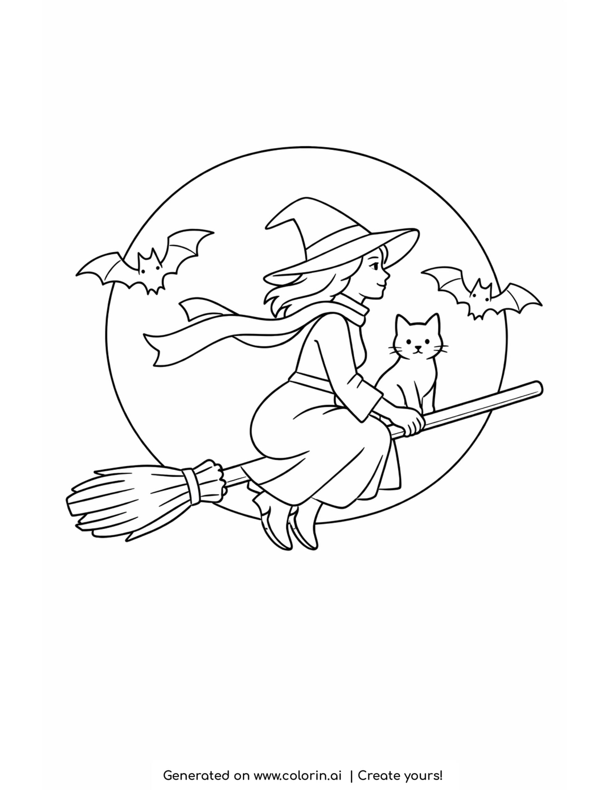 halloween witch coloring pages, a witch on a broomstick with a cat flying past a full moon with bats