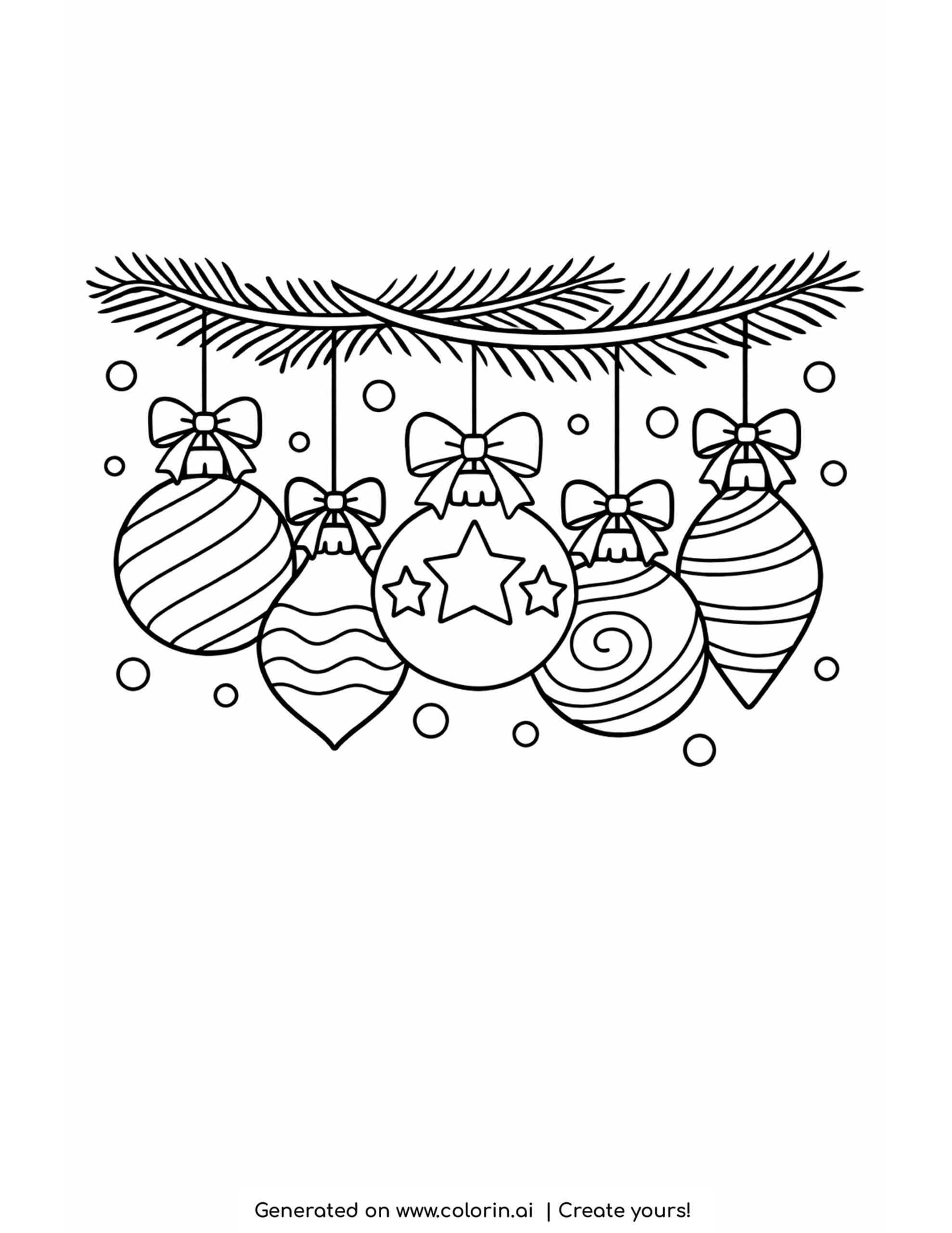 christmas ornaments coloring pages, five ornaments of different shapes hanging from a pine branch with bows and snow dots