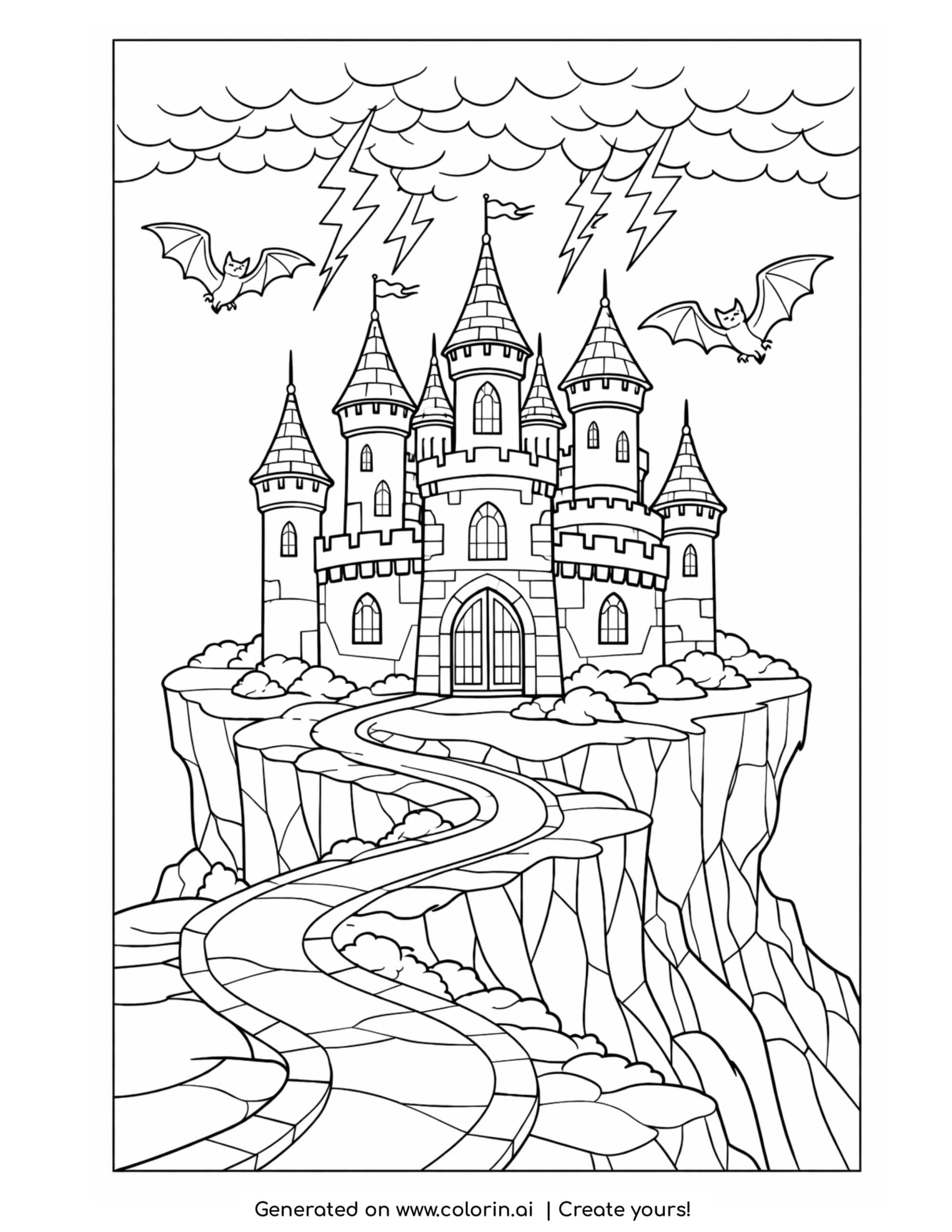 haunted castle coloring pages, a many-towered castle on a cliff with bats, lightning, and a winding path