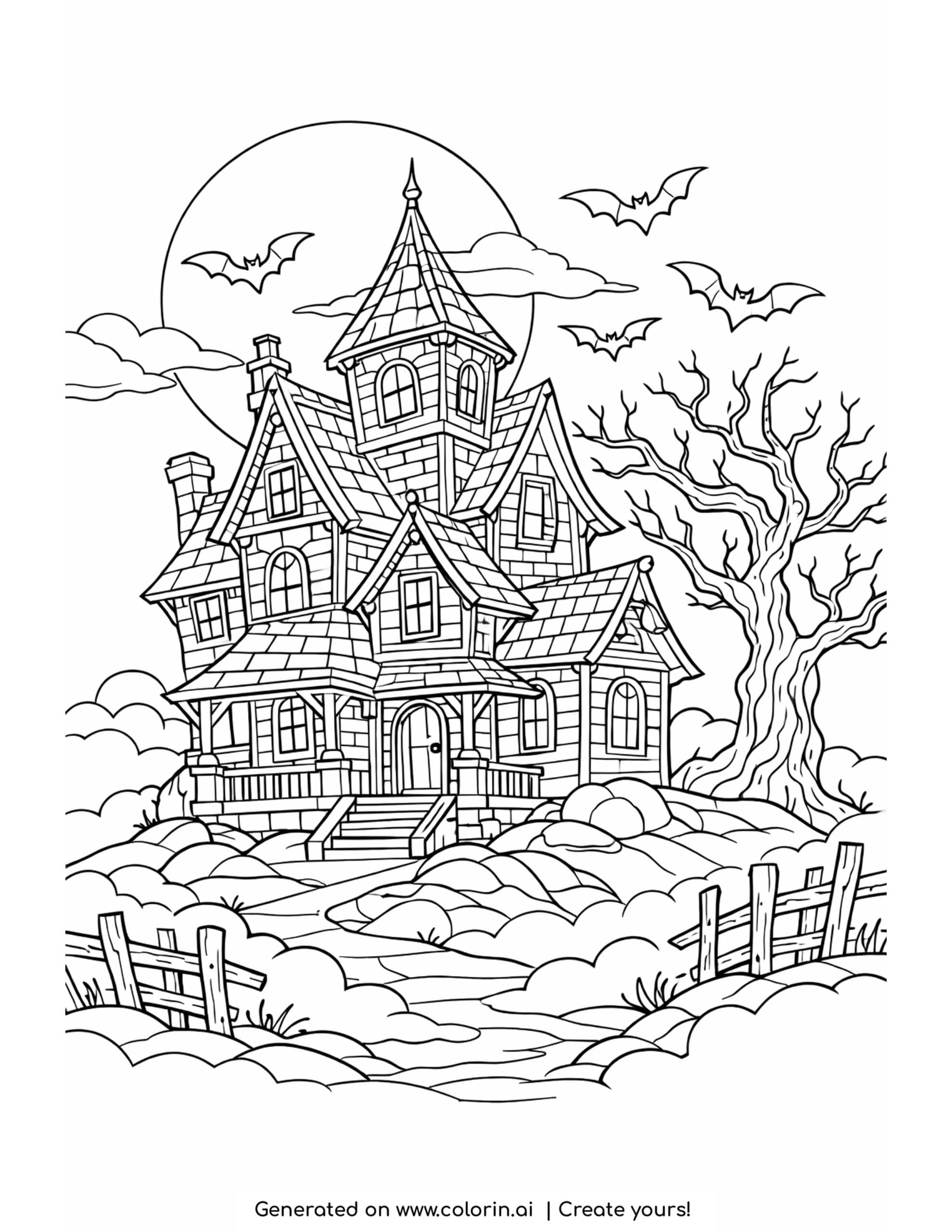 haunted house coloring pages, a creaky old haunted house on a hill with a full moon and bats
