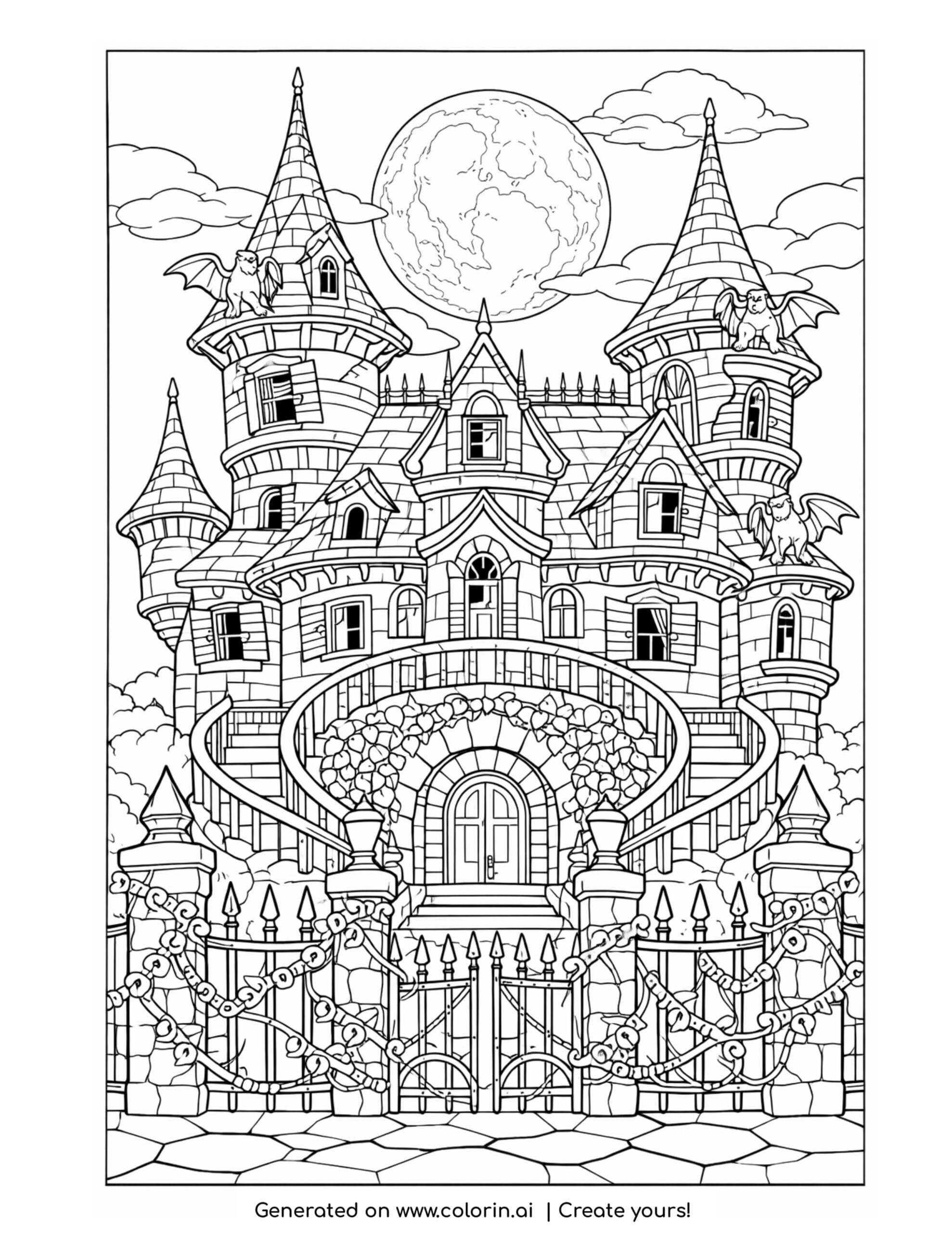 haunted mansion coloring pages, a grand haunted mansion with towers, a full moon, gargoyles, and a chained gate