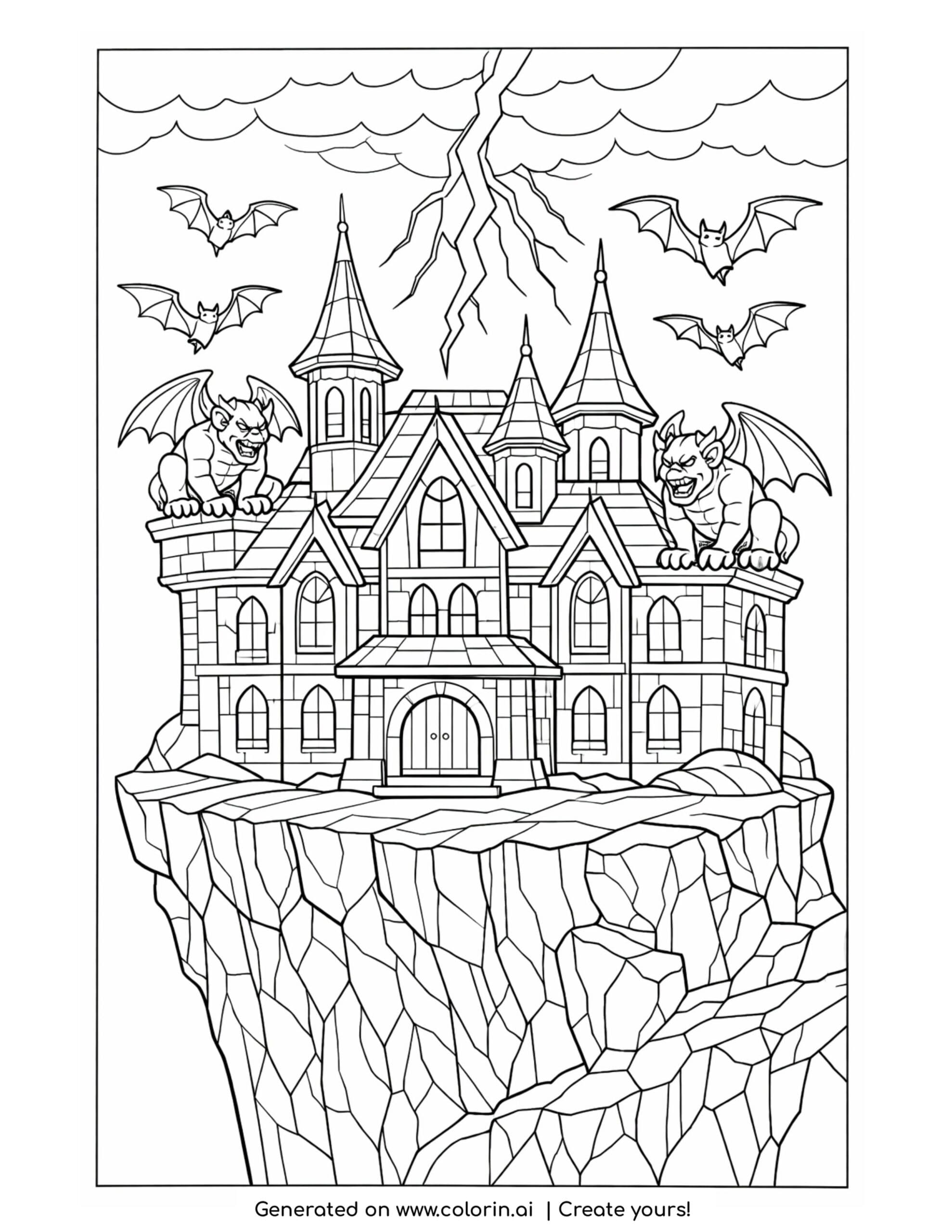 horror scary halloween coloring pages, a dark mansion on a cliff with gargoyles, bats, and lightning