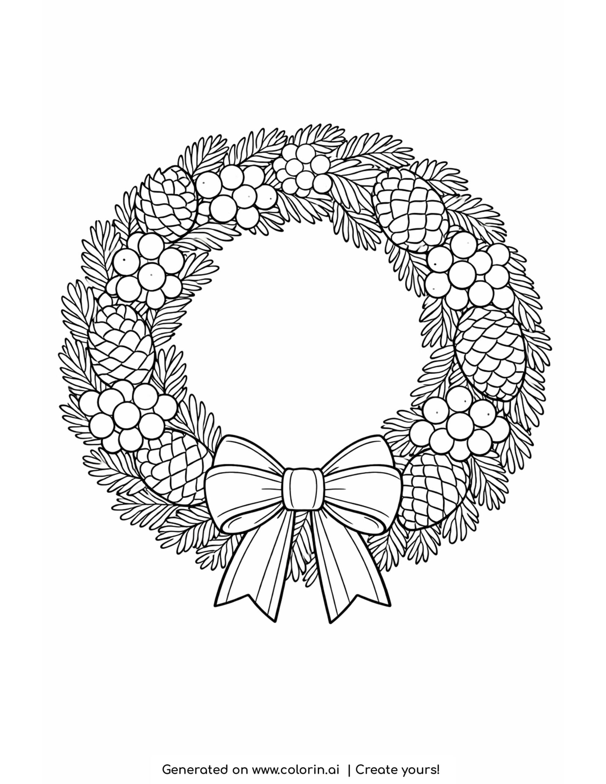 christmas coloring pages for adults, an intricate wreath of fir needles, pinecones, and berries with a bow