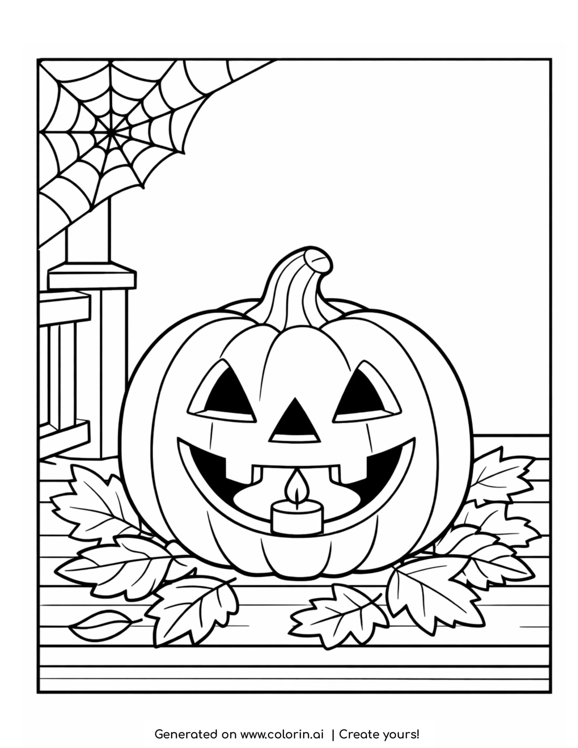 jack o lantern coloring pages, a grinning carved pumpkin with a candle on a wooden porch with leaves
