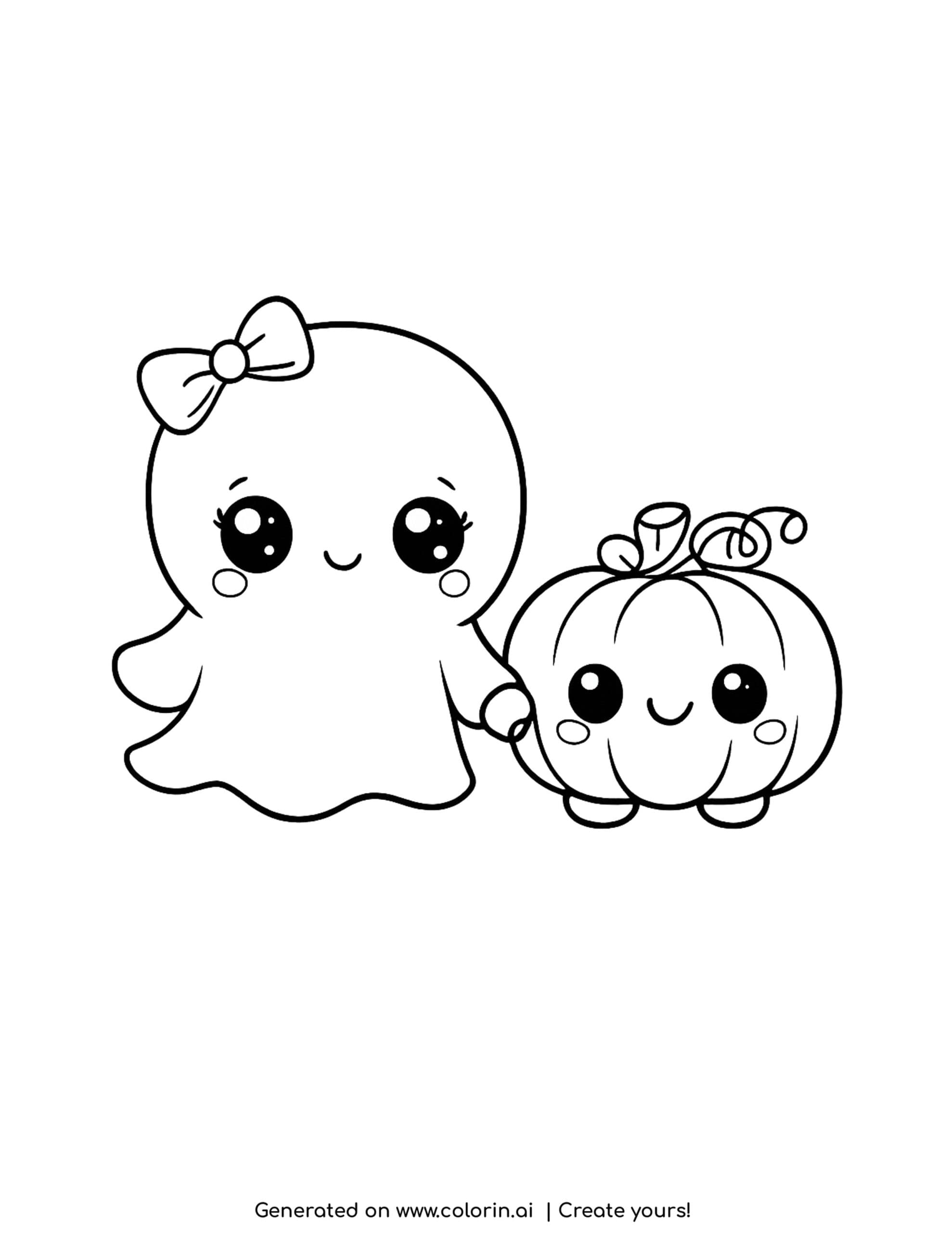 kawaii halloween coloring pages, a cute ghost with a bow and a smiling pumpkin holding hands