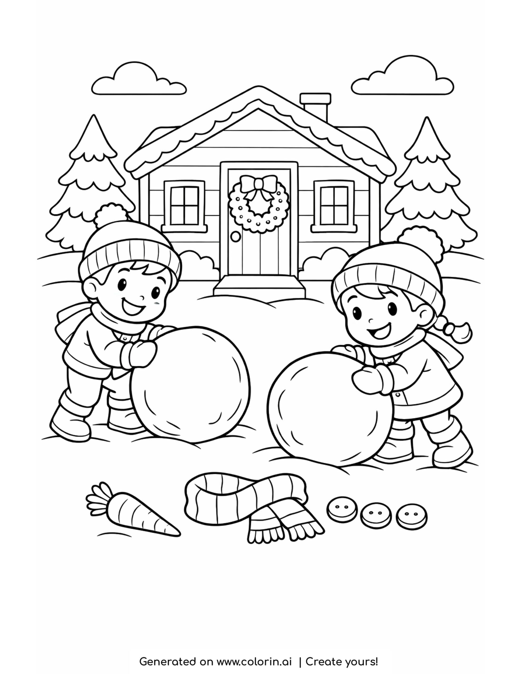 christmas coloring pages for kids, two kids building a snowman in front of a snowy cabin