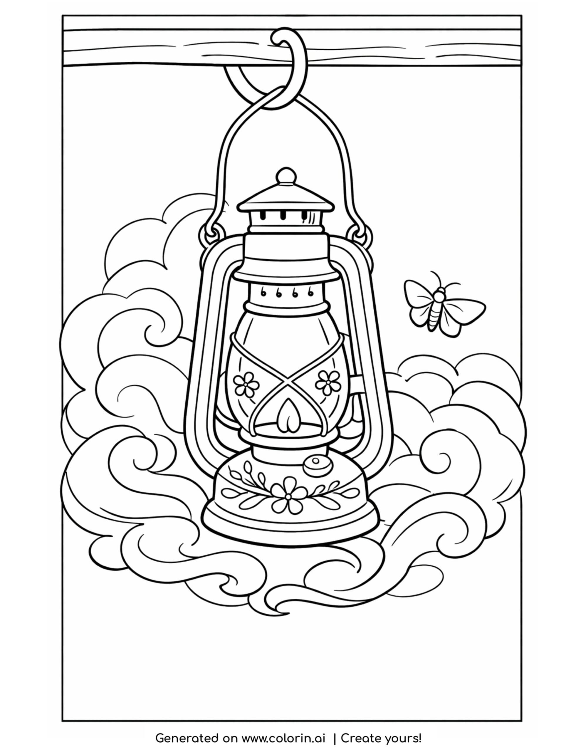 lantern coloring pages, an ornate old iron lantern hanging in swirling fog with a moth