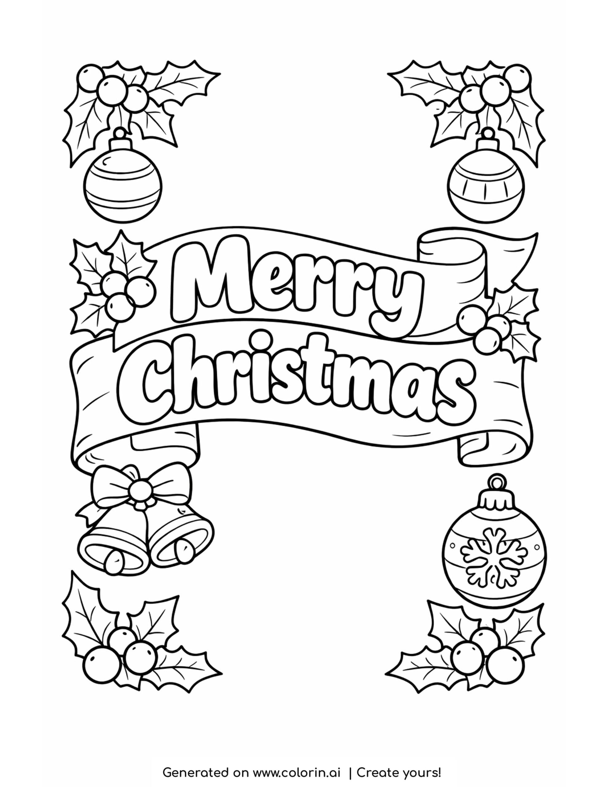 merry christmas coloring pages, a bold Merry Christmas banner with holly, ornaments, and bells in the corners