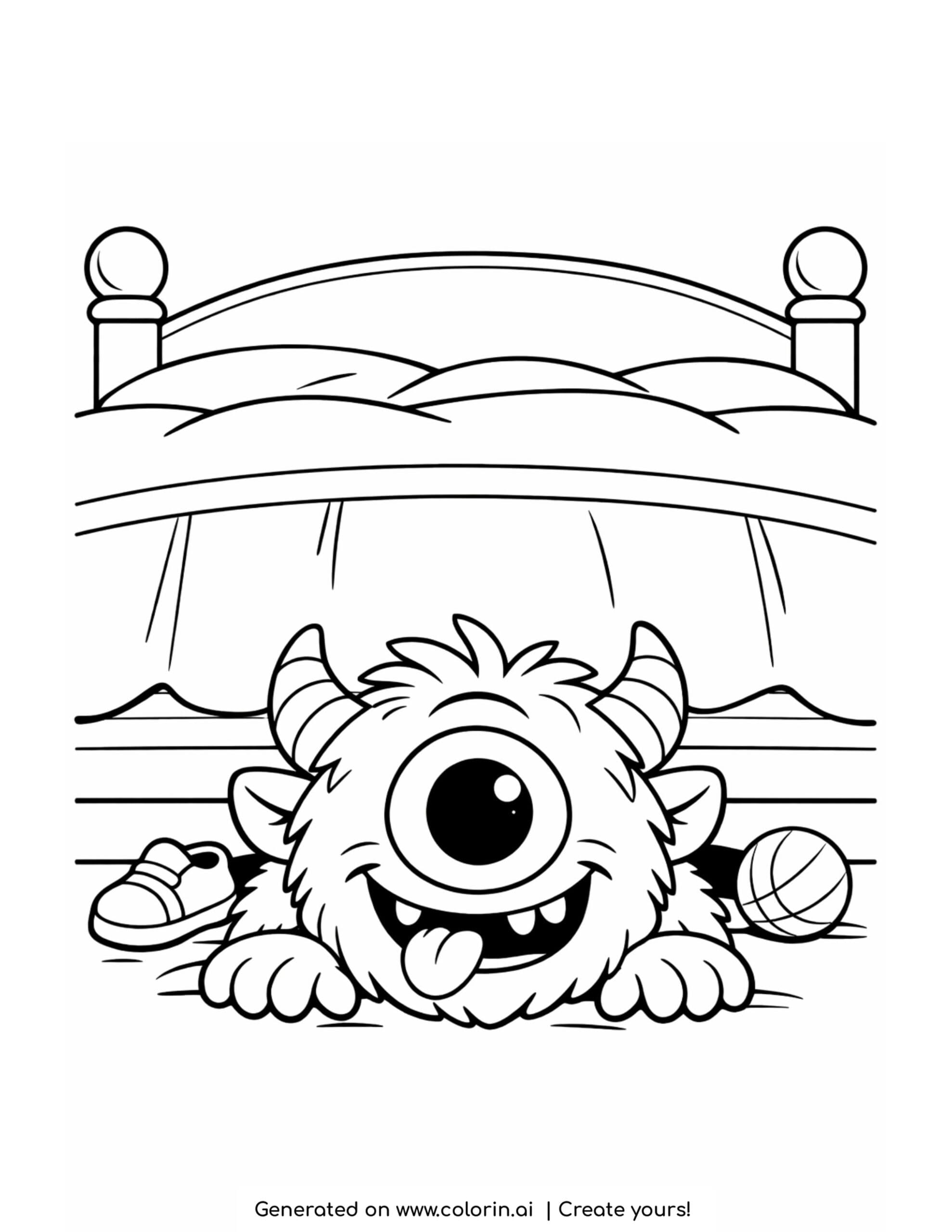 monster coloring pages — goofy one-eyed monster peeking out from under a bed