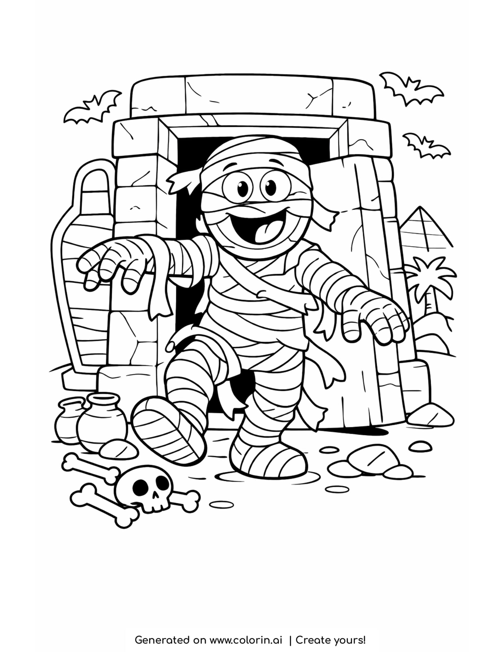 mummy coloring pages, a bandaged mummy stumbling from an ancient tomb with bats and a pyramid