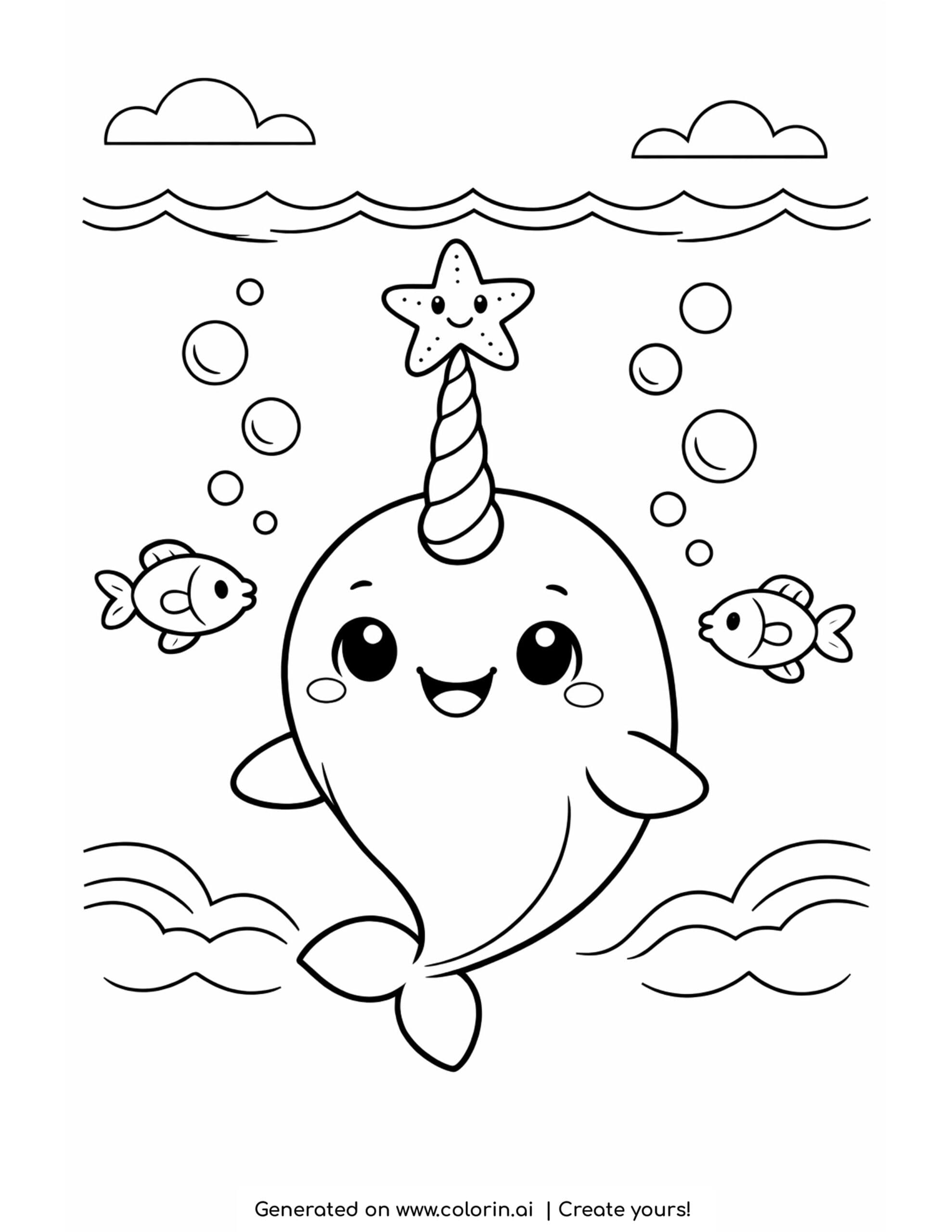 narwhal coloring pages, a narwhal balancing a starfish on its spiral horn underwater