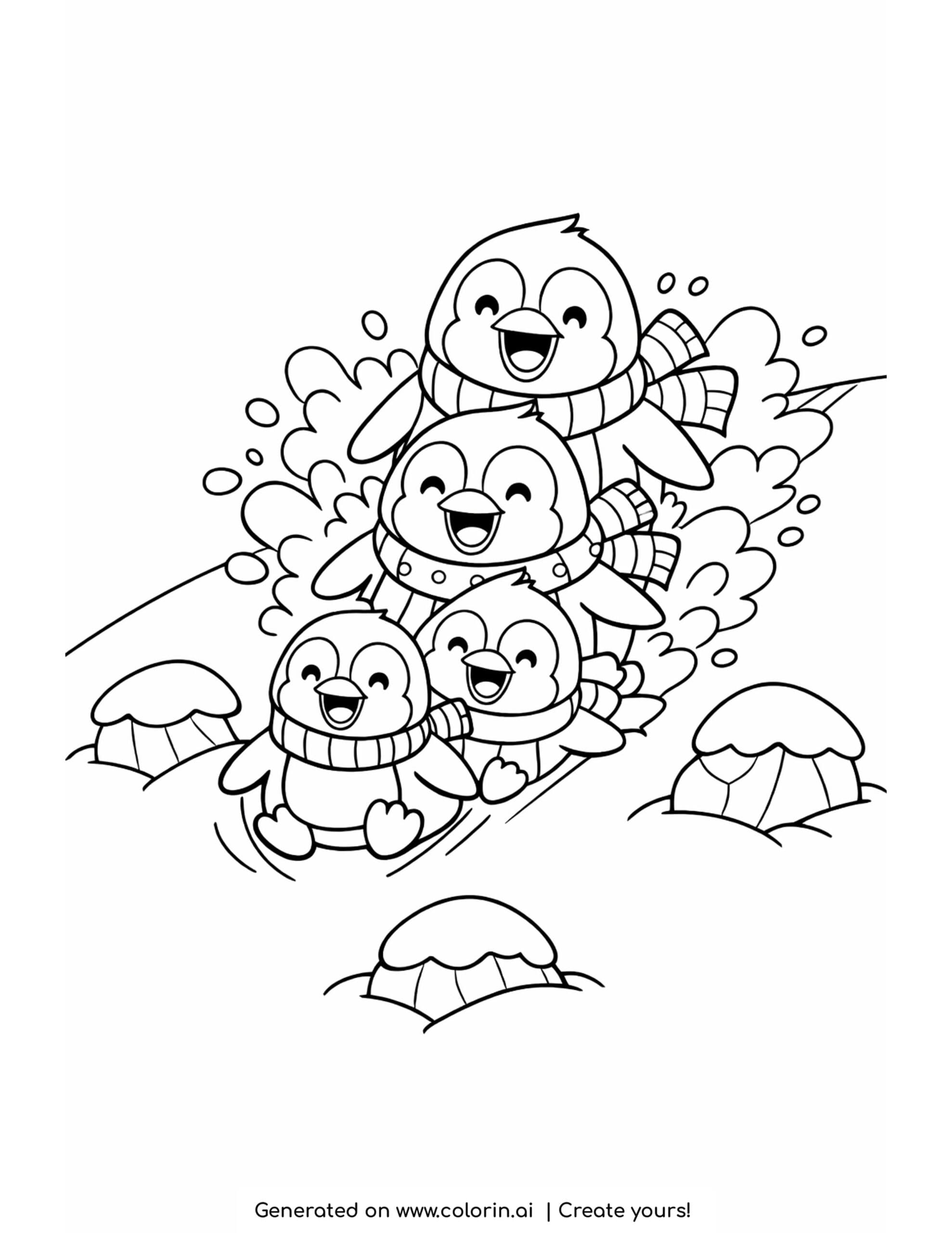 penguin coloring pages, a happy penguin family sliding down a snowy hill wearing scarves