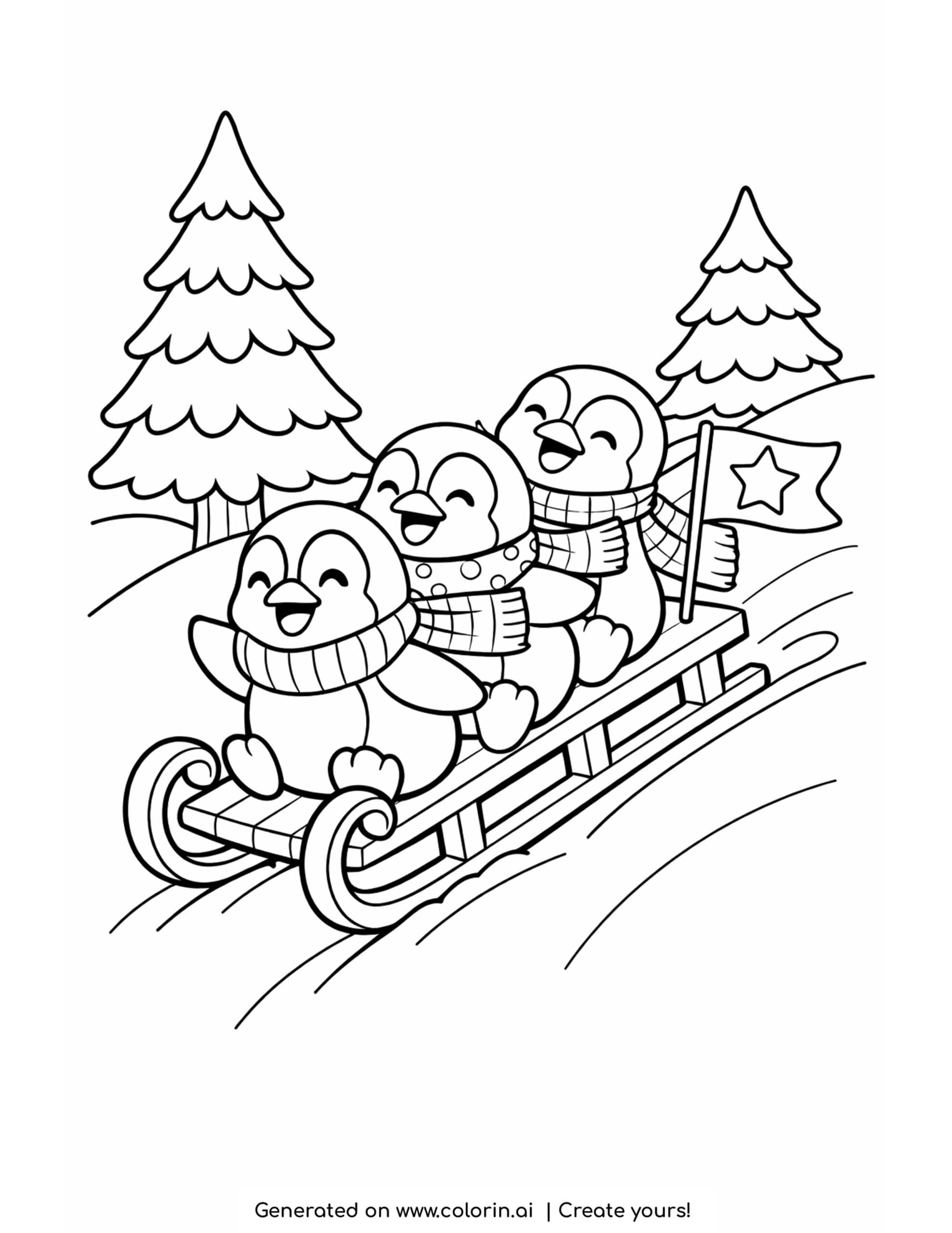 christmas coloring pages for kids, three penguins in scarves sledding down a snowy hill with a flag