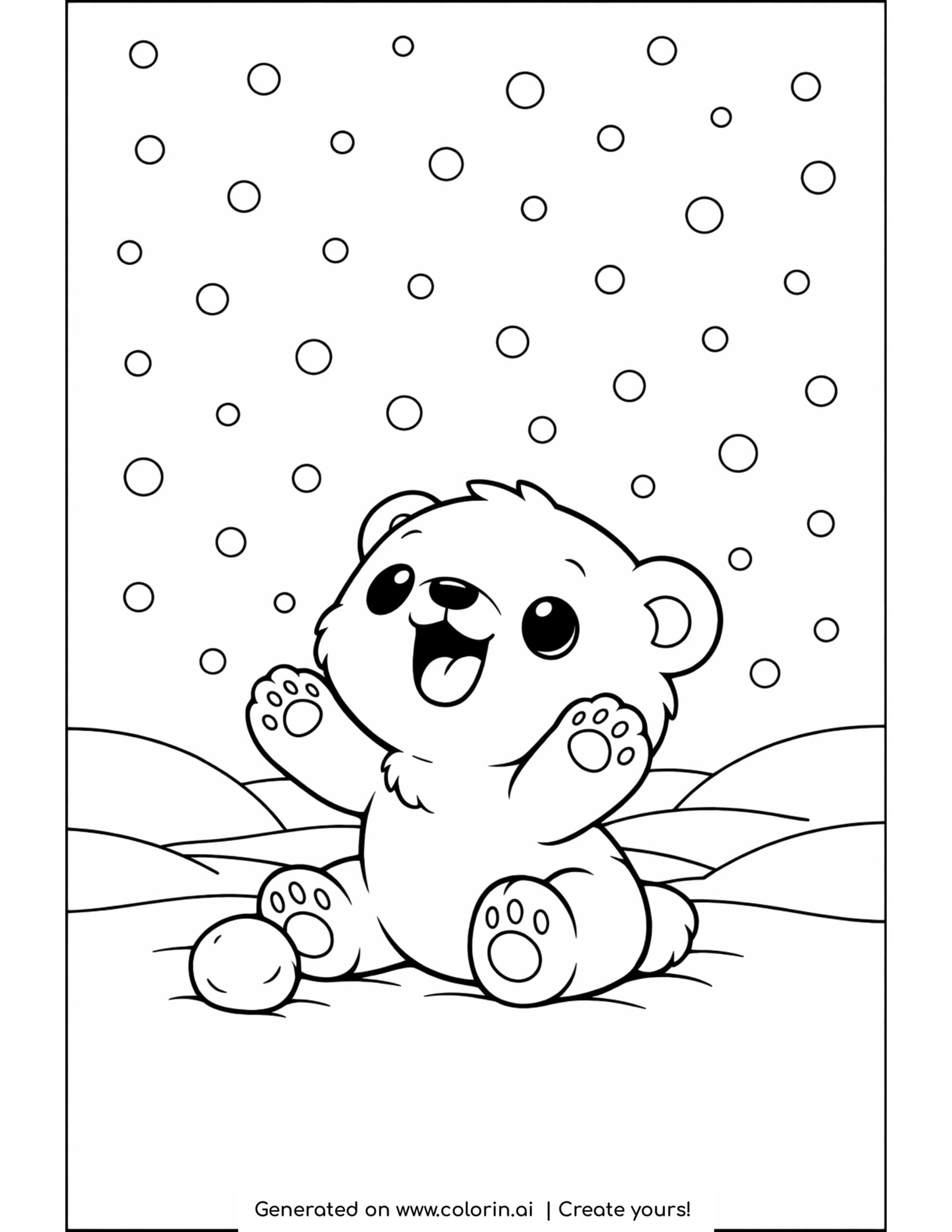 polar bear coloring pages, a polar bear cub catching falling snowflakes in the snow