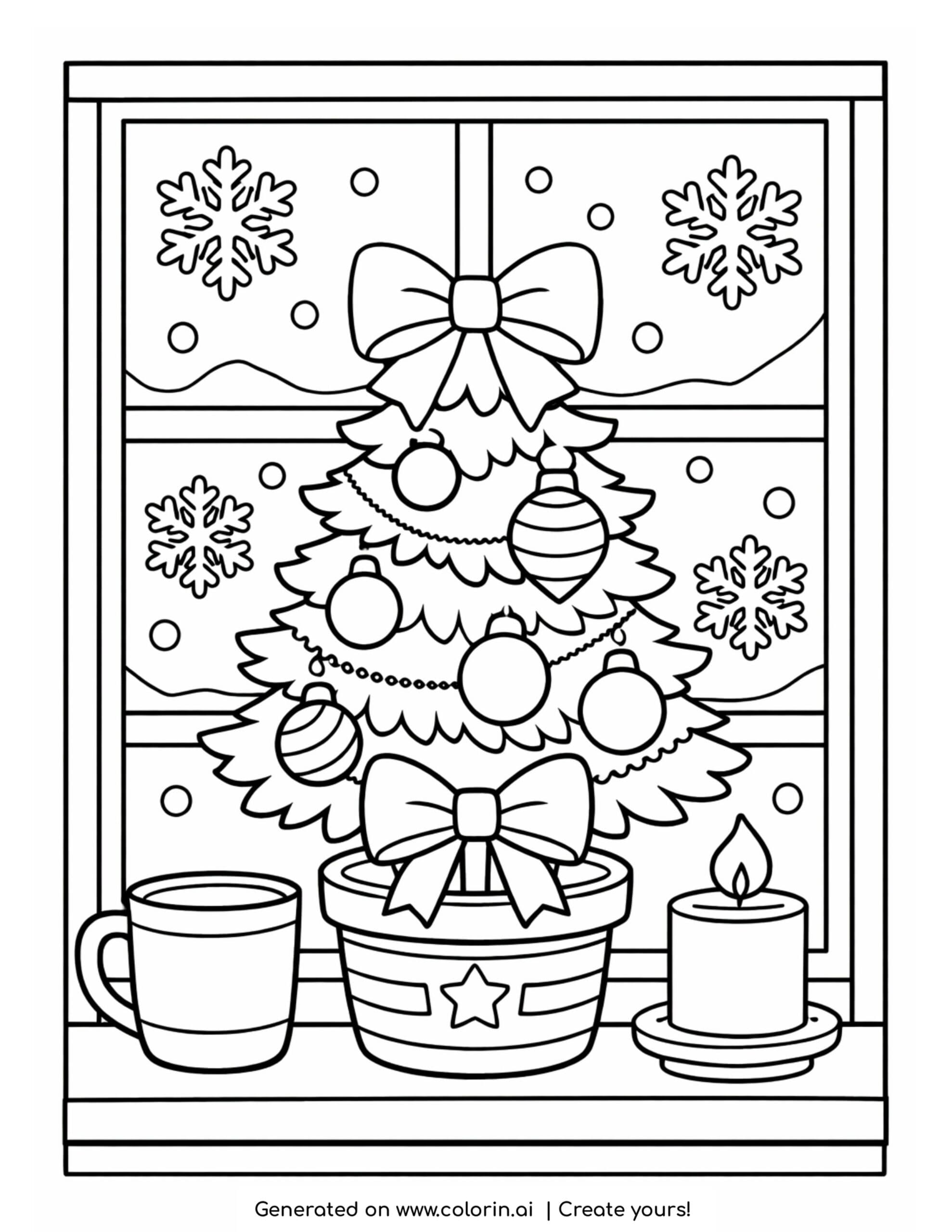 christmas tree coloring pages, a small decorated potted tree on a windowsill with a mug, a candle, and snowflakes