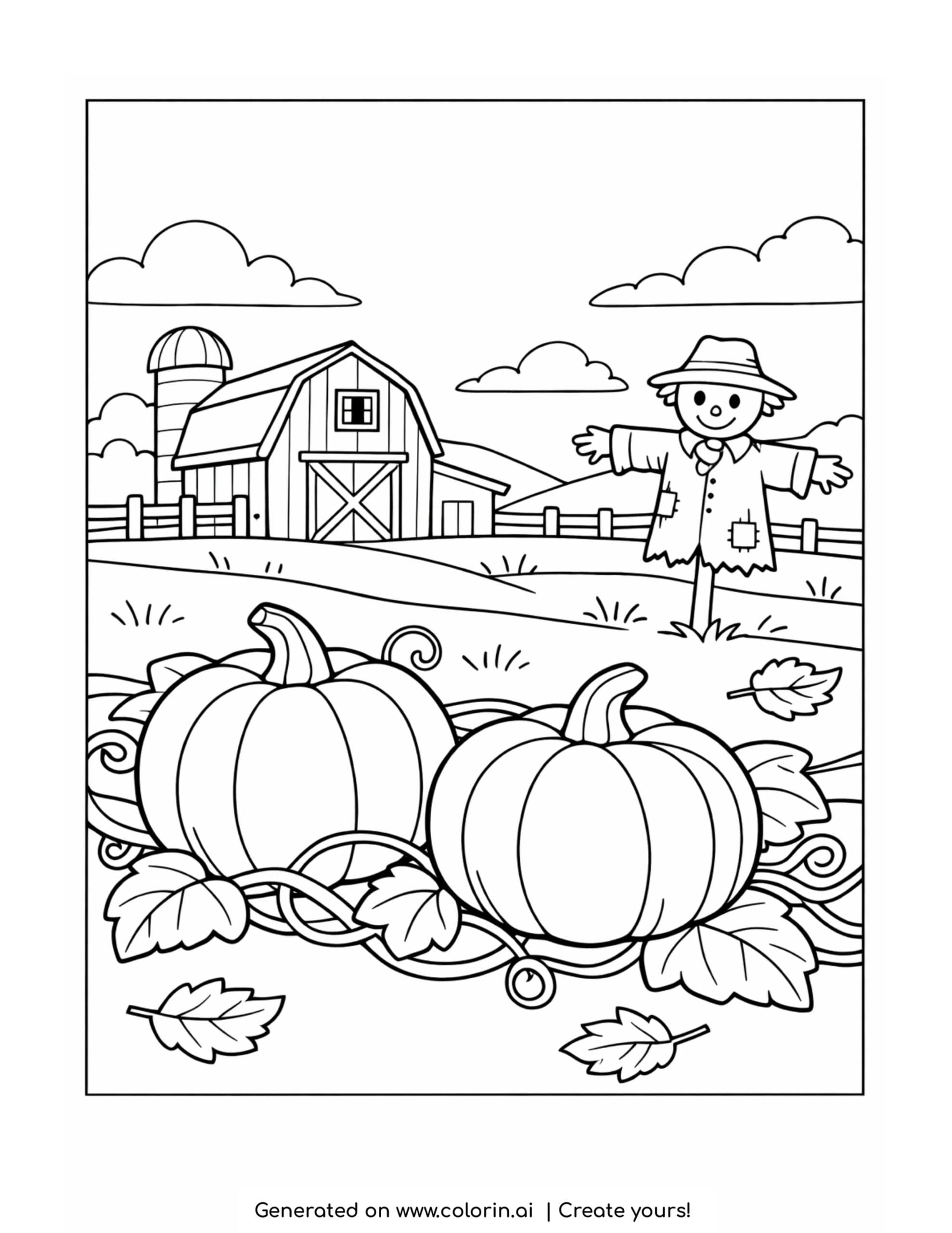 pumpkin patch coloring pages, pumpkins on vines with a barn, silo, and scarecrow at sunset