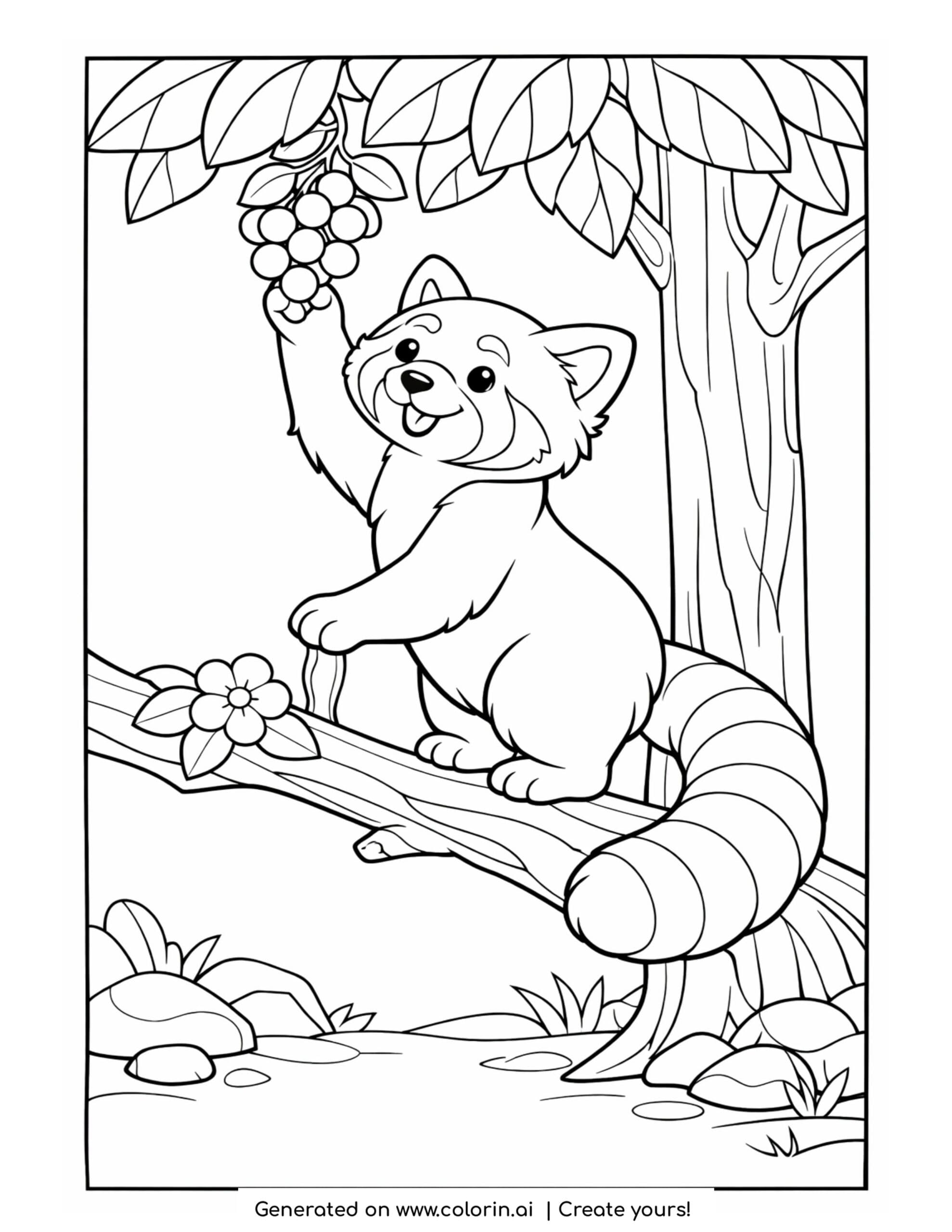 red panda coloring pages, a red panda on a branch reaching up for a cluster of ripe berries among leaves