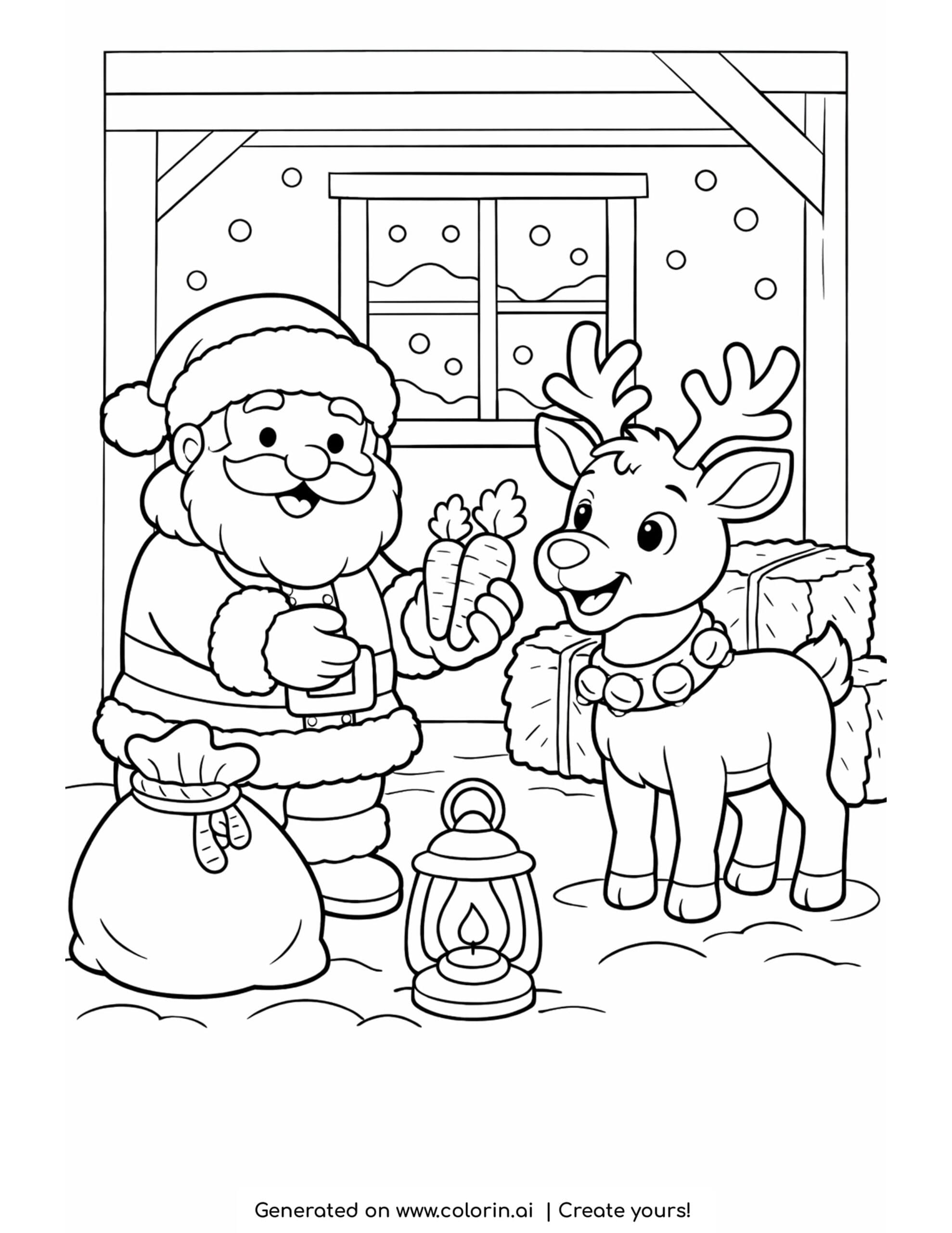 free christmas coloring pages, Santa feeding carrots to a reindeer in a snowy barn with a lantern and hay