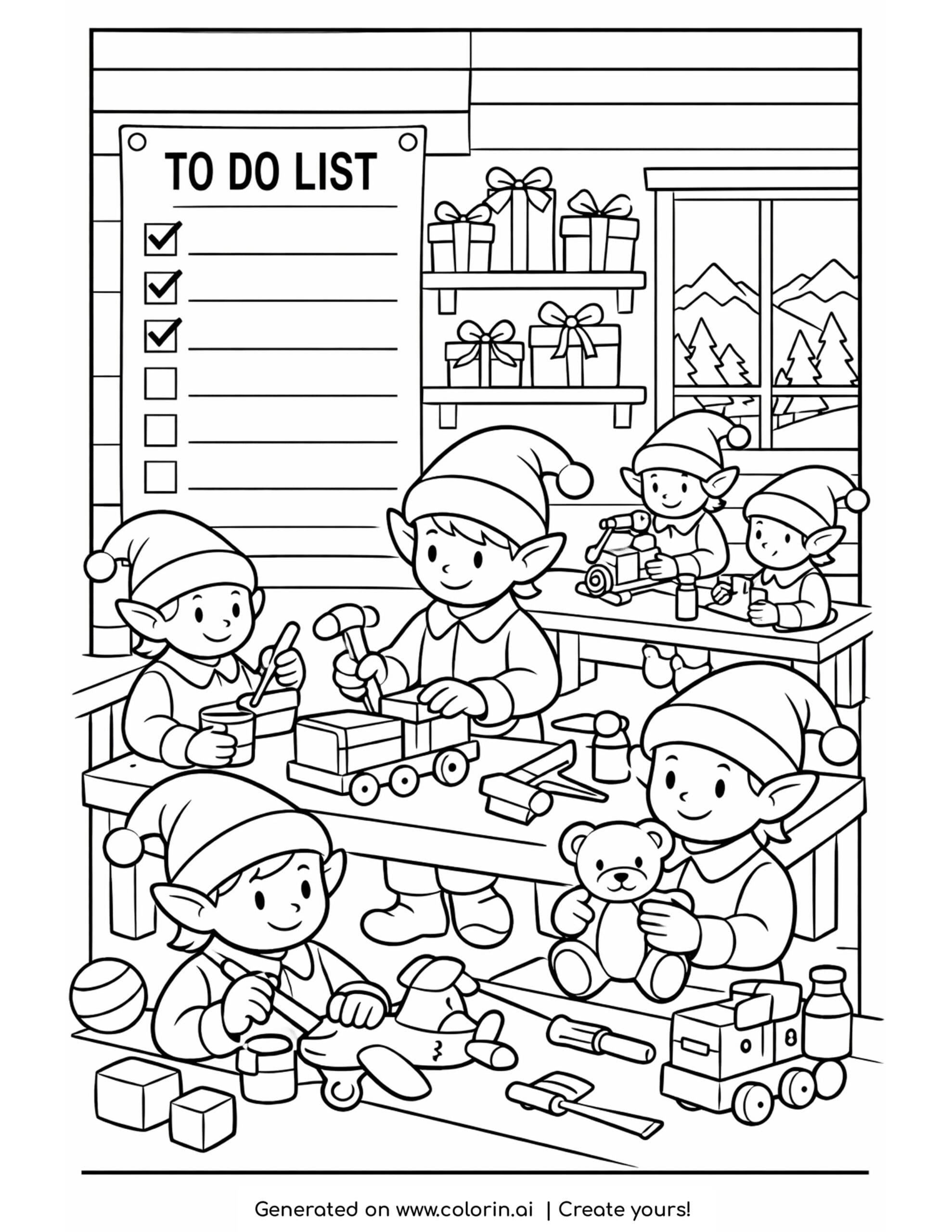 christmas coloring pages printable, elves building toys at benches in Santa's workshop with a to do list and a window