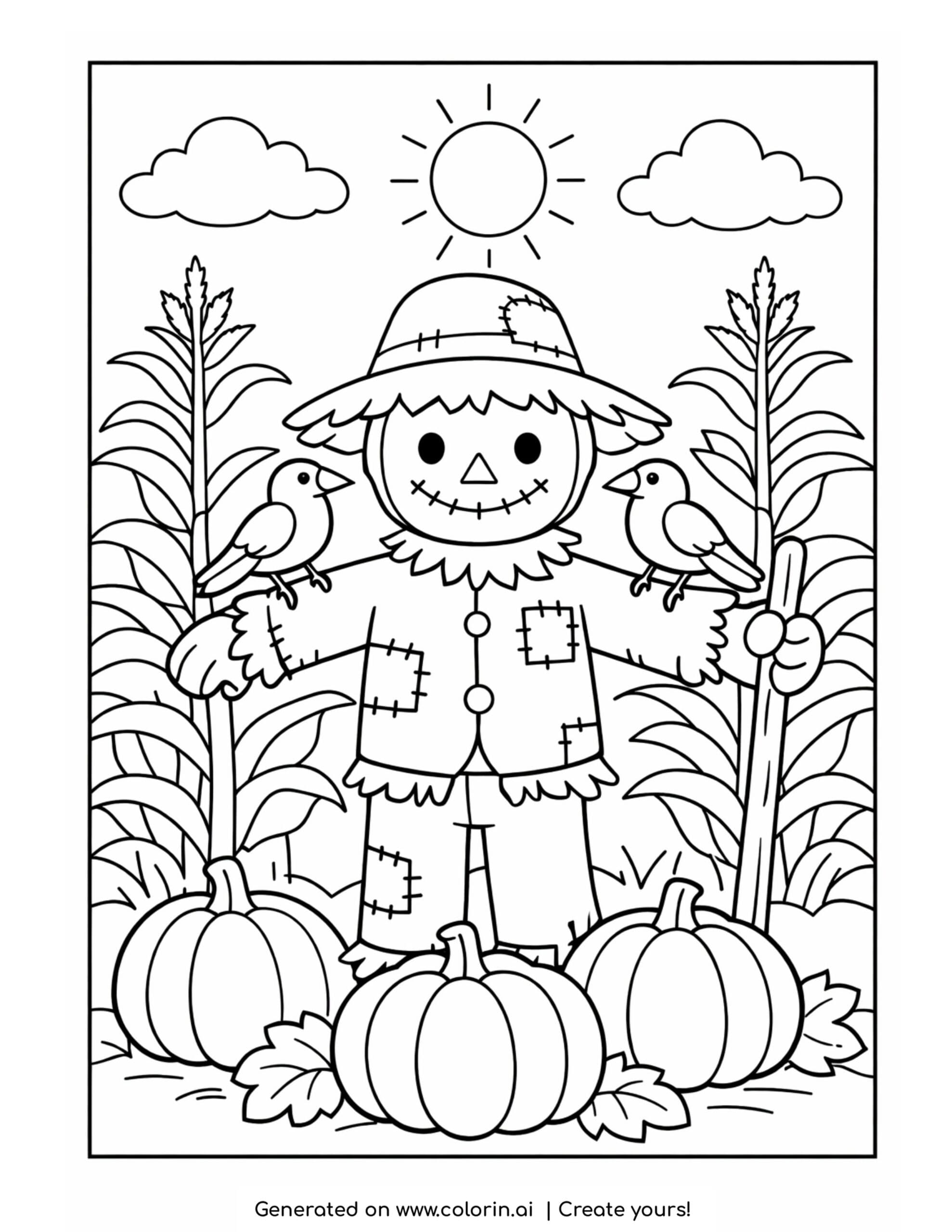 scarecrow coloring pages, a patchwork scarecrow with crows in a cornfield with pumpkins and a sun