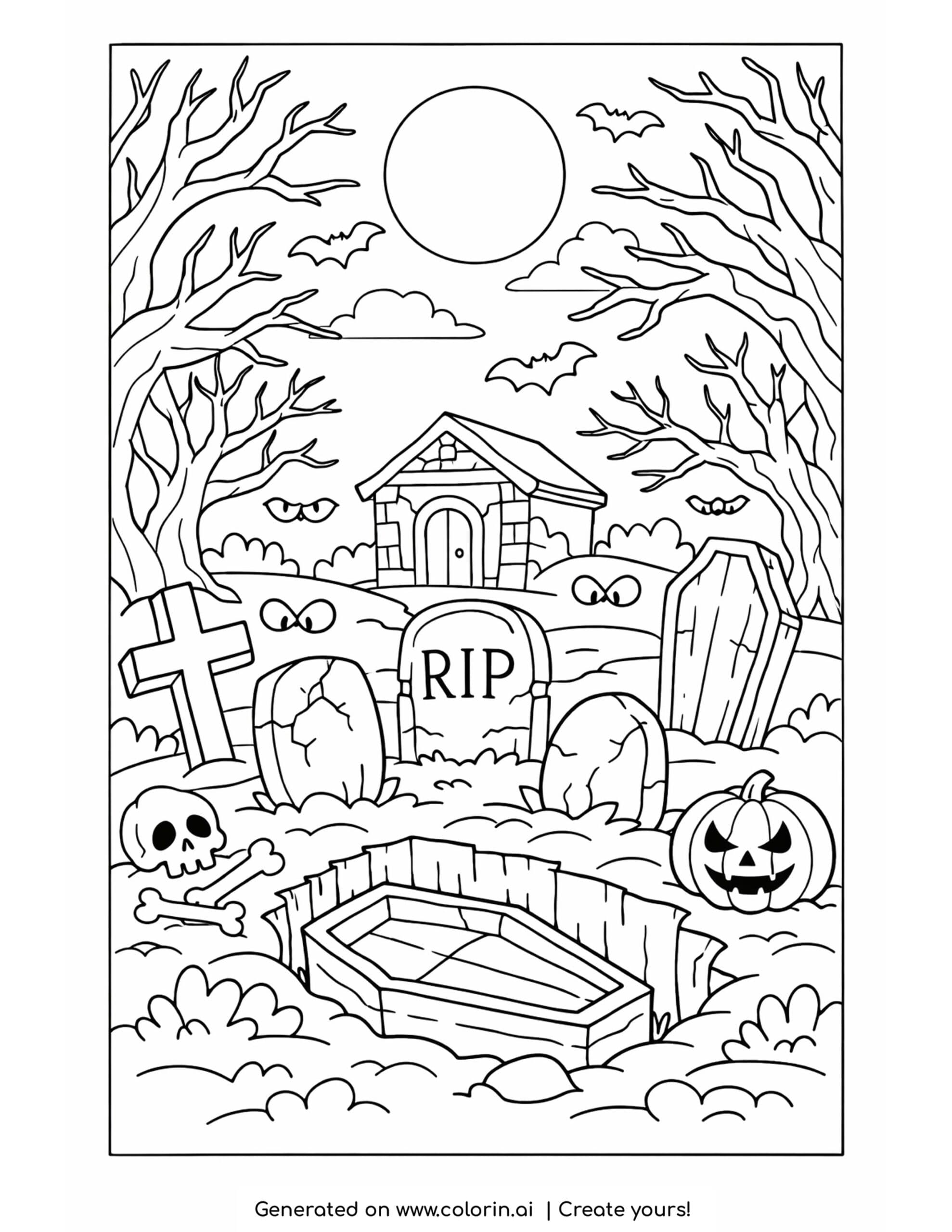 scary halloween coloring pages, a midnight graveyard with tombstones, glowing eyes, bats, and a full moon