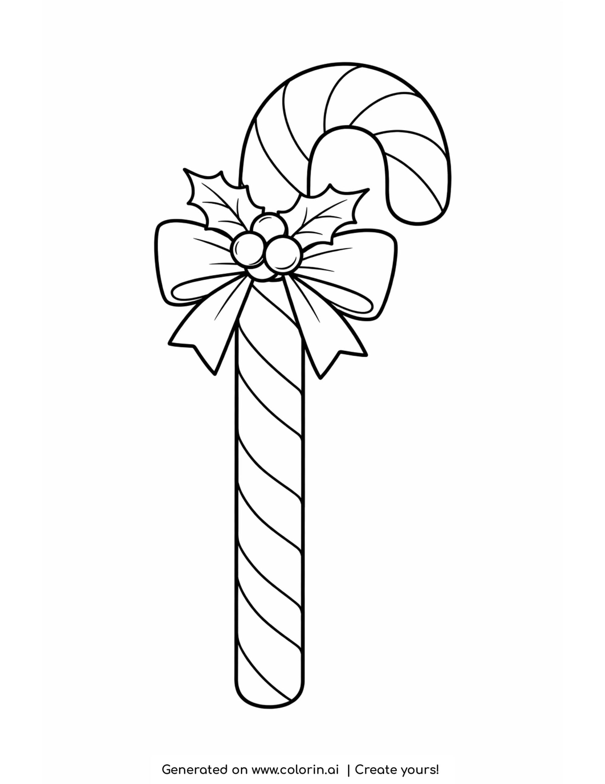 christmas coloring pages easy, a simple striped candy cane with a bow and holly on top