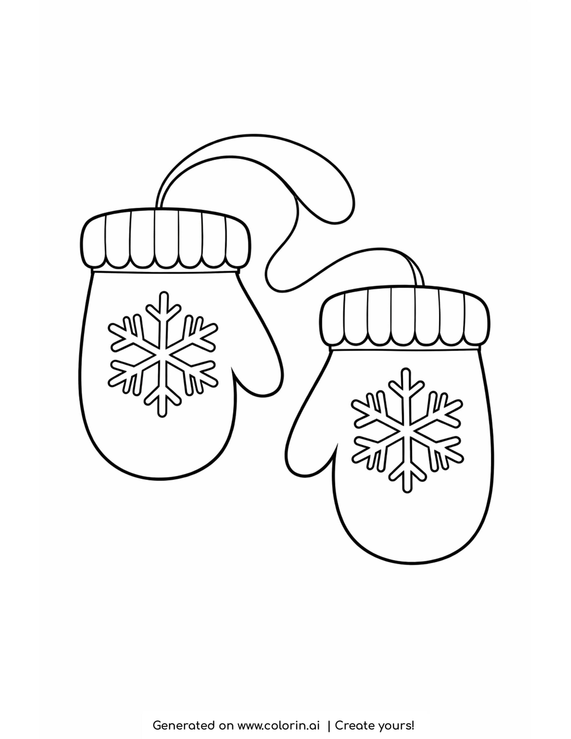 kids christmas coloring pages, a simple pair of mittens with snowflakes joined by a string