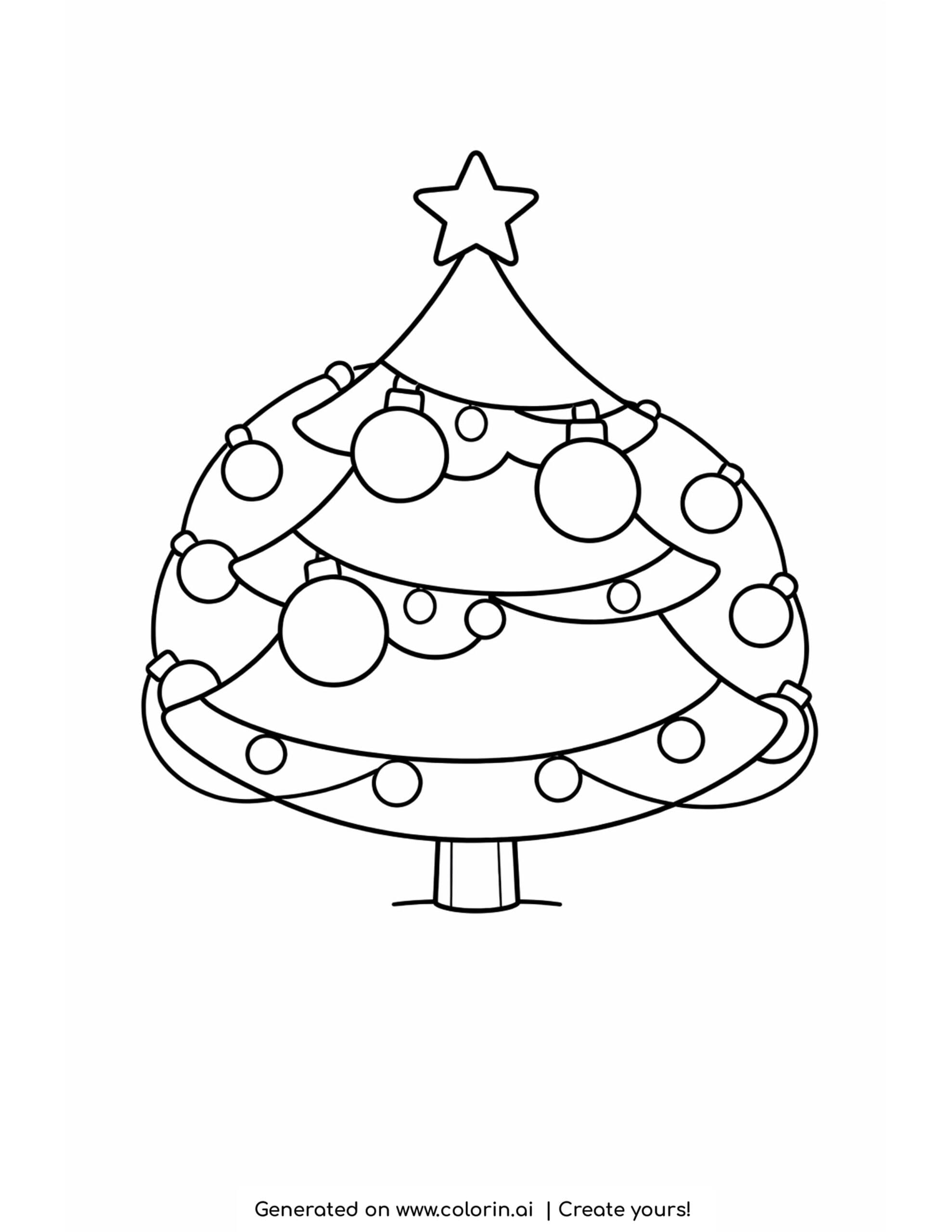 easy christmas coloring pages, a simple Christmas tree with a few round ornaments and a star on top