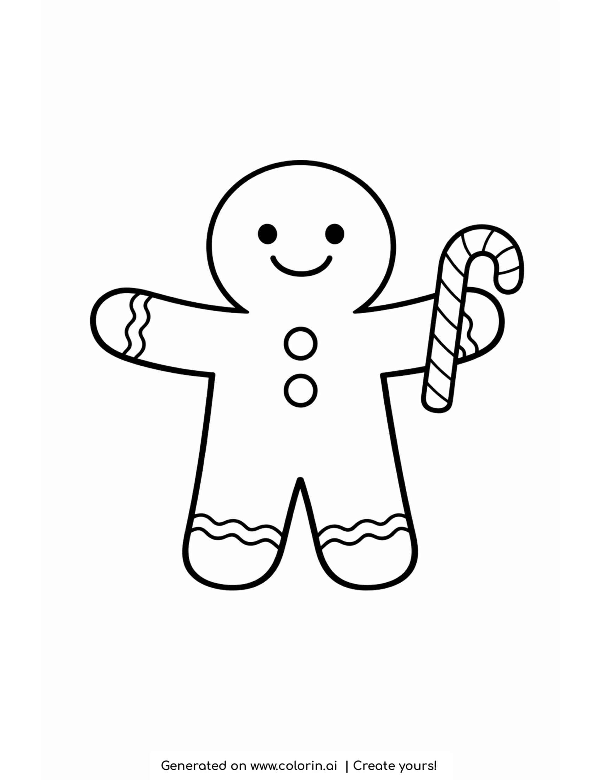 kids christmas coloring pages, a simple gingerbread man holding a candy cane