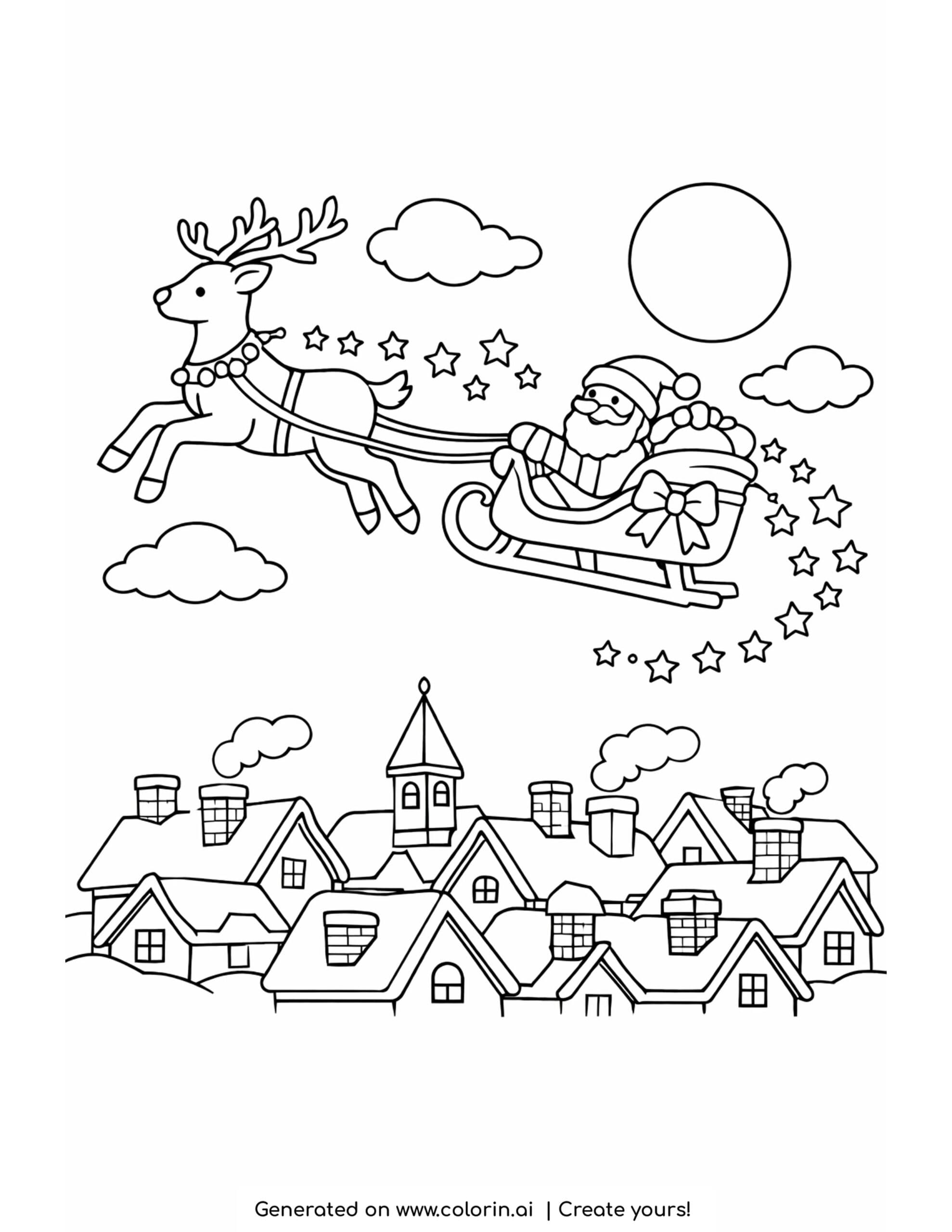 christmas coloring pages printable, Santa's sleigh and a reindeer flying over snowy rooftops with a trail of stars and a moon