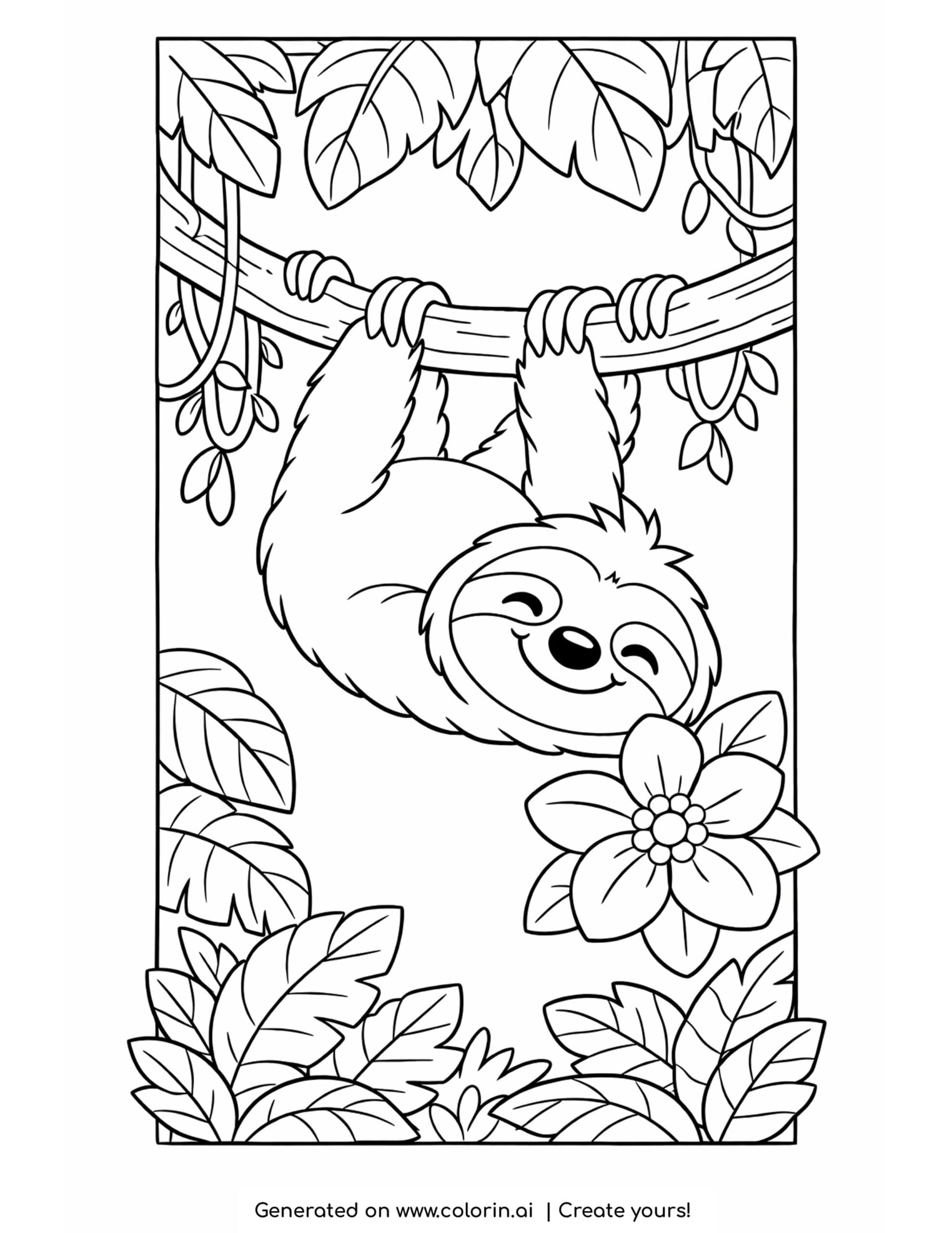 sloth coloring pages, a happy sloth hanging from a jungle branch reaching toward a flower among leaves