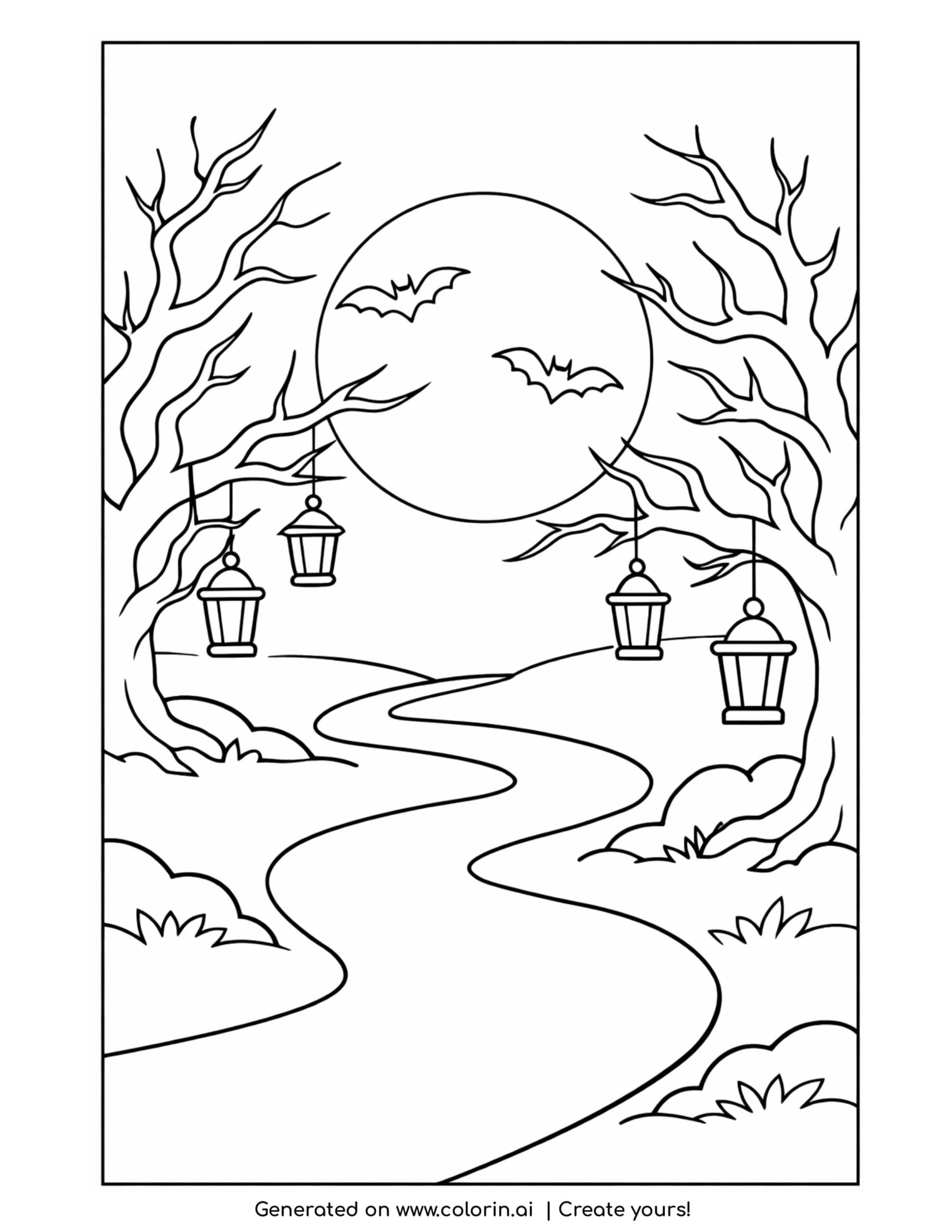 spooky halloween coloring pages, a winding path lit by hanging lanterns through crooked bare trees with a moon