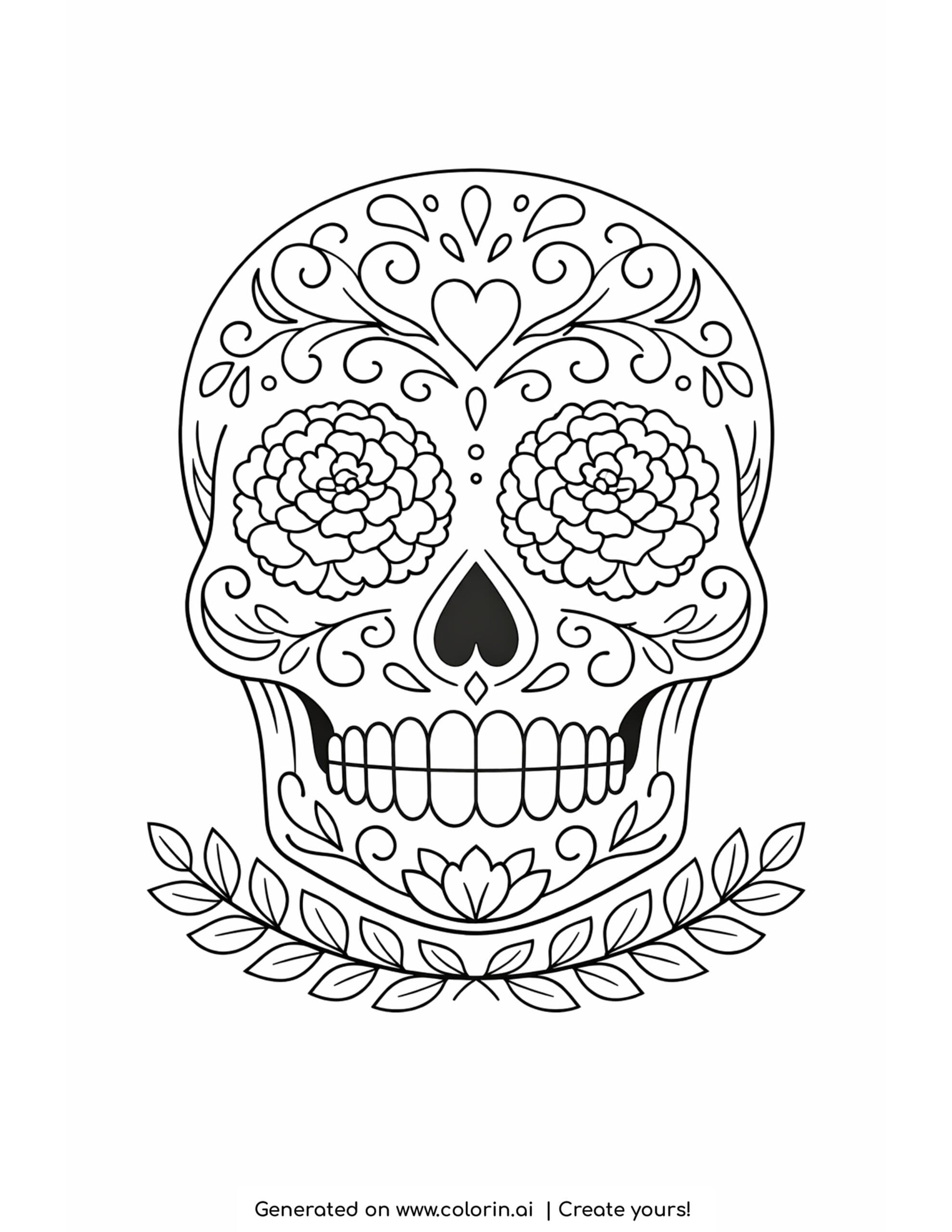 sugar skull coloring pages, a decorated calavera with marigold flower eyes, swirls, and a leaf wreath