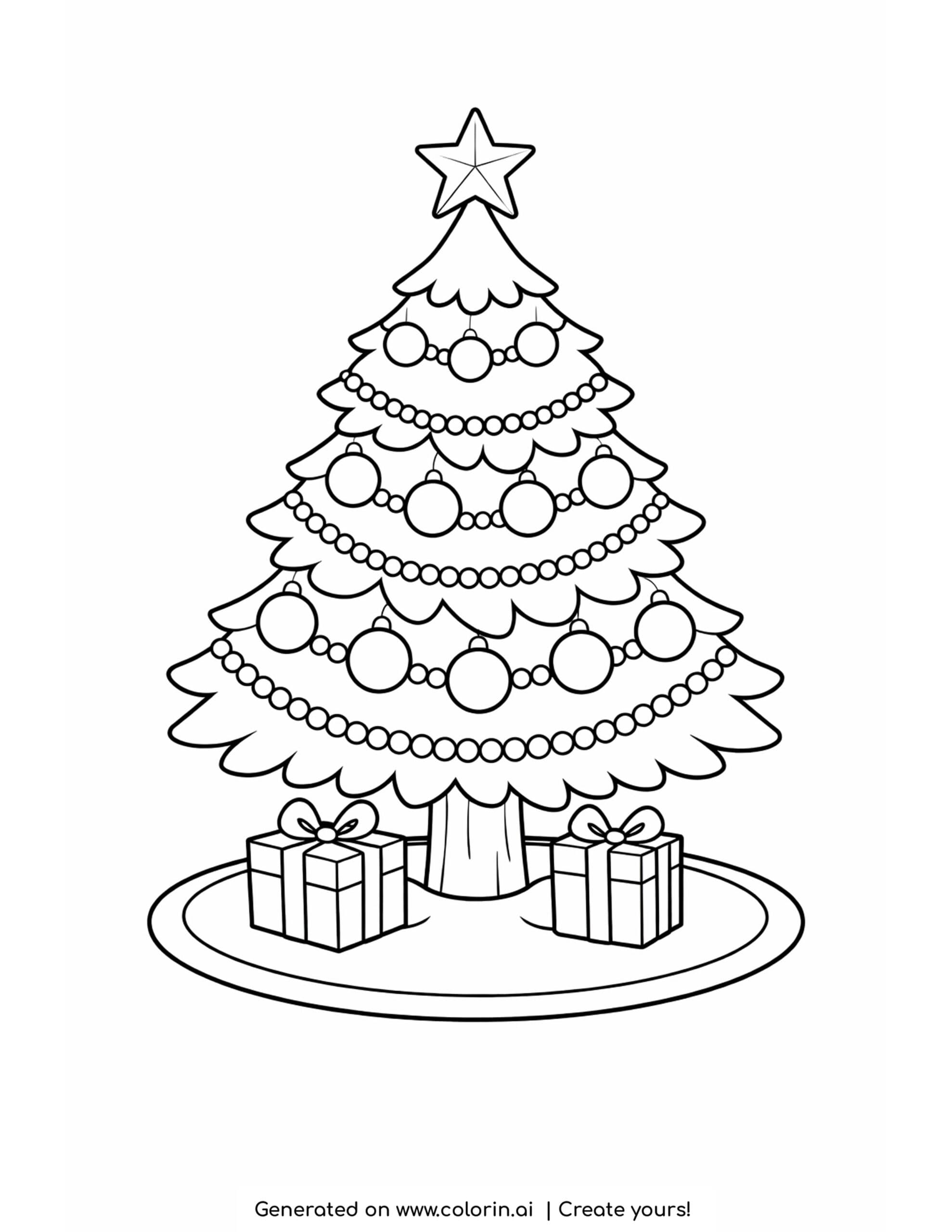 christmas tree coloring pages, a tall Christmas tree with layered round ornaments, beaded garlands, a star, and gifts