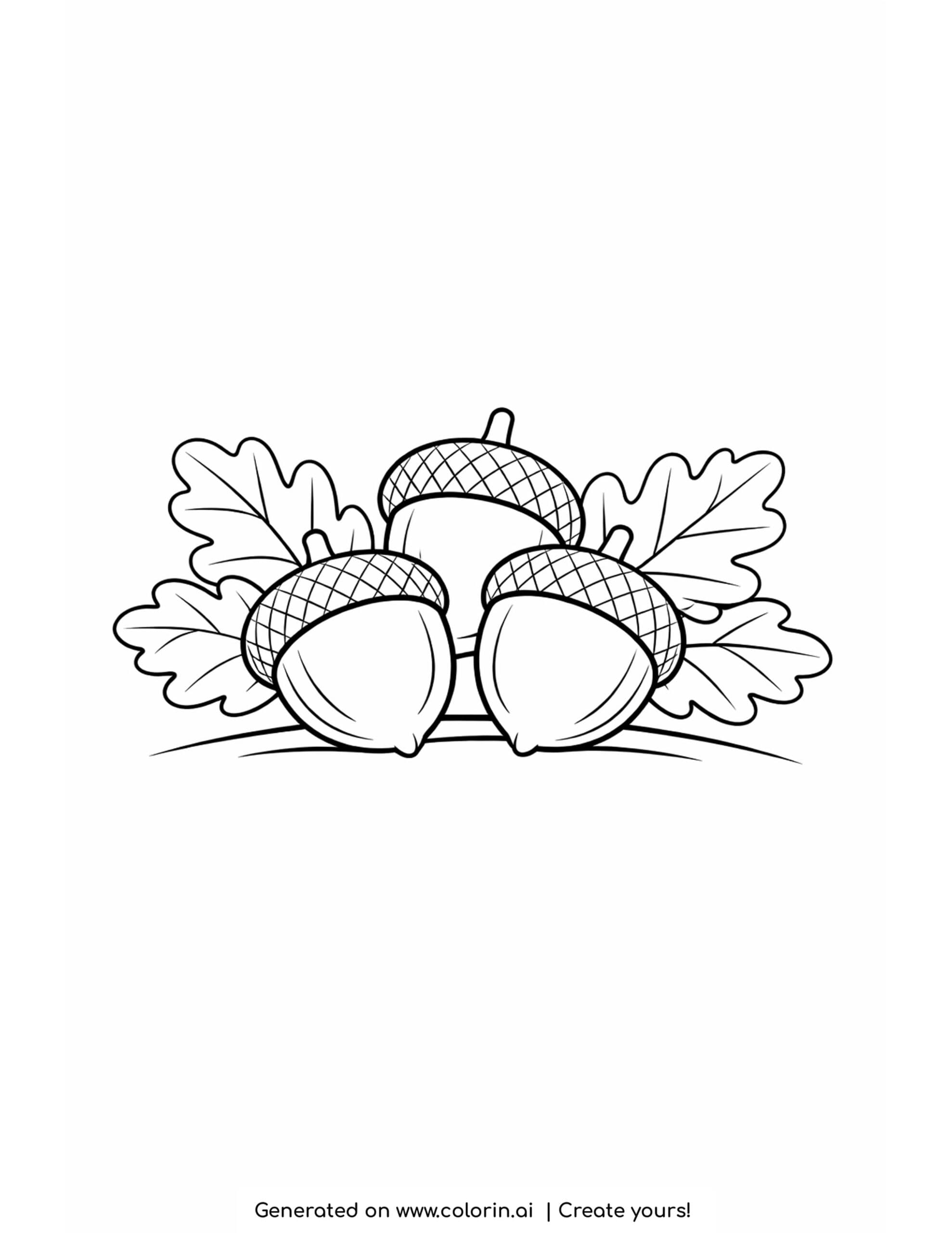 simple thanksgiving coloring pages, three plump acorns nestled together with a few oak leaves fanning out behind them