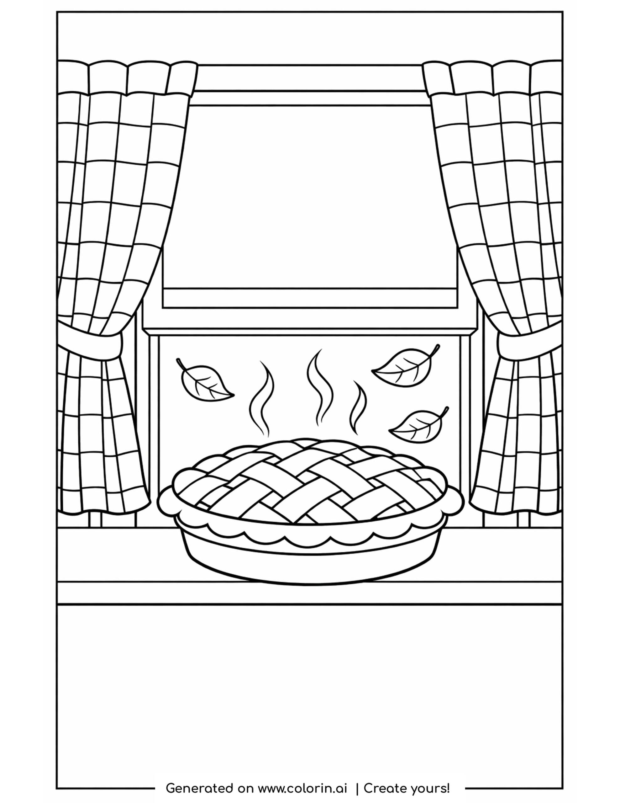 thanksgiving food coloring pages, a lattice topped pie cooling on a windowsill with checked curtains and falling leaves