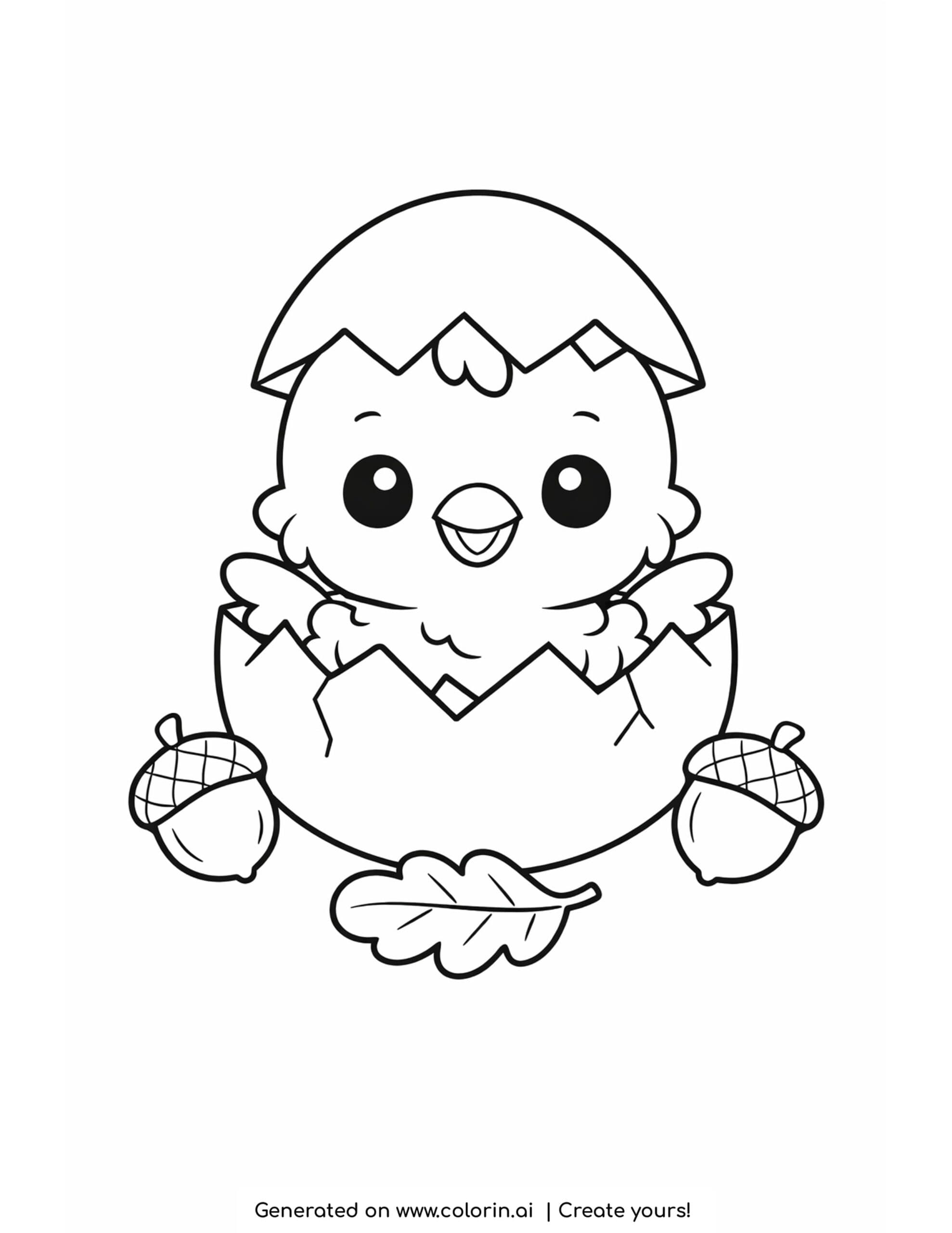 cute thanksgiving coloring pages, a tiny baby turkey poking out of a cracked egg with acorns and a leaf around it