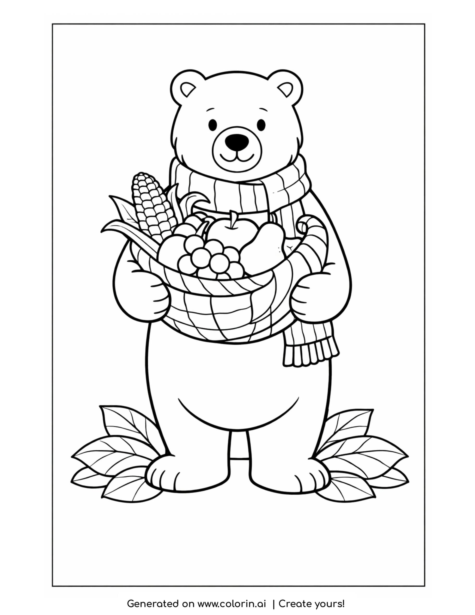 thanksgiving coloring pages for kids, a friendly bear in a scarf holding a woven basket full of apples, corn, and fruit