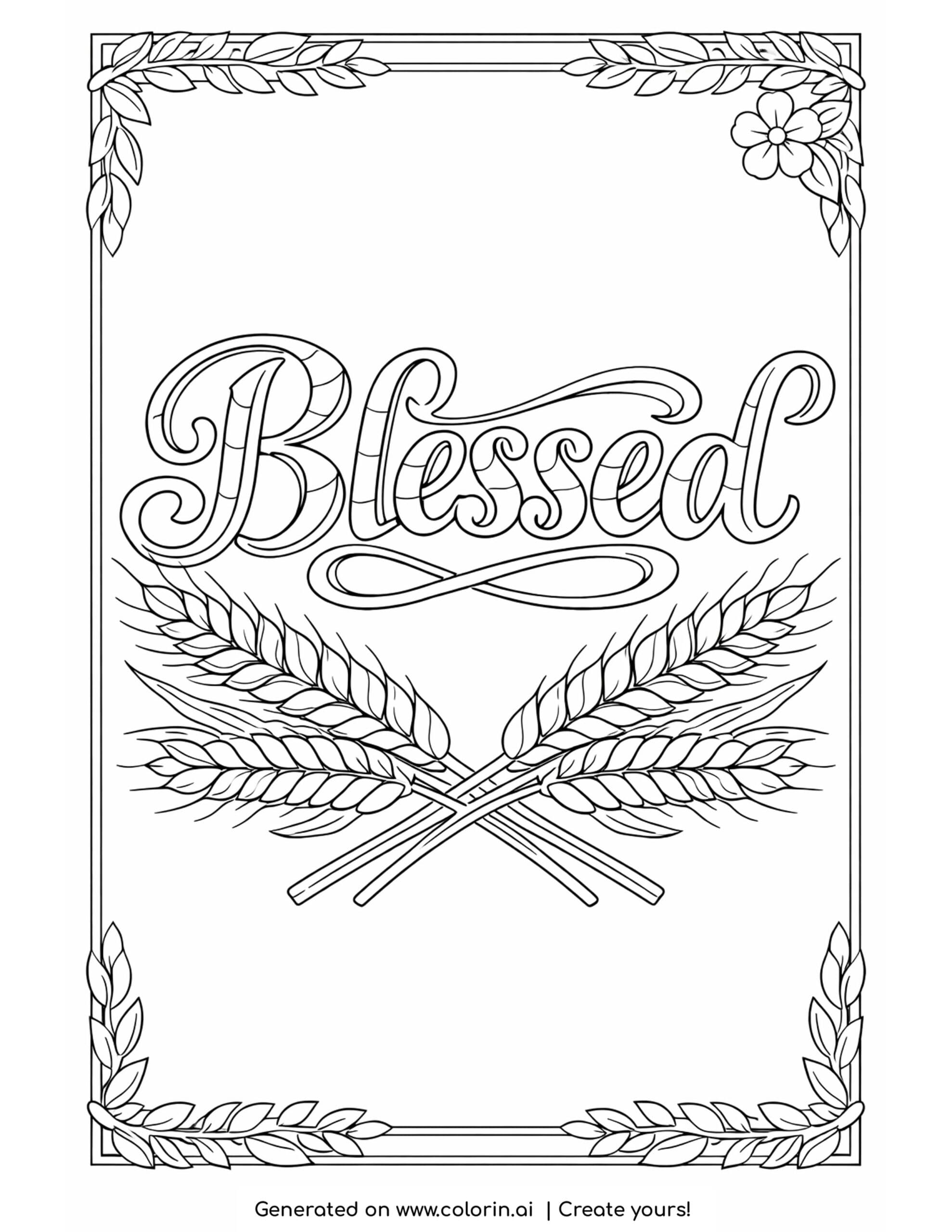 christian thanksgiving coloring pages, the word Blessed in script lettering above crossed wheat stalks within a leaf border