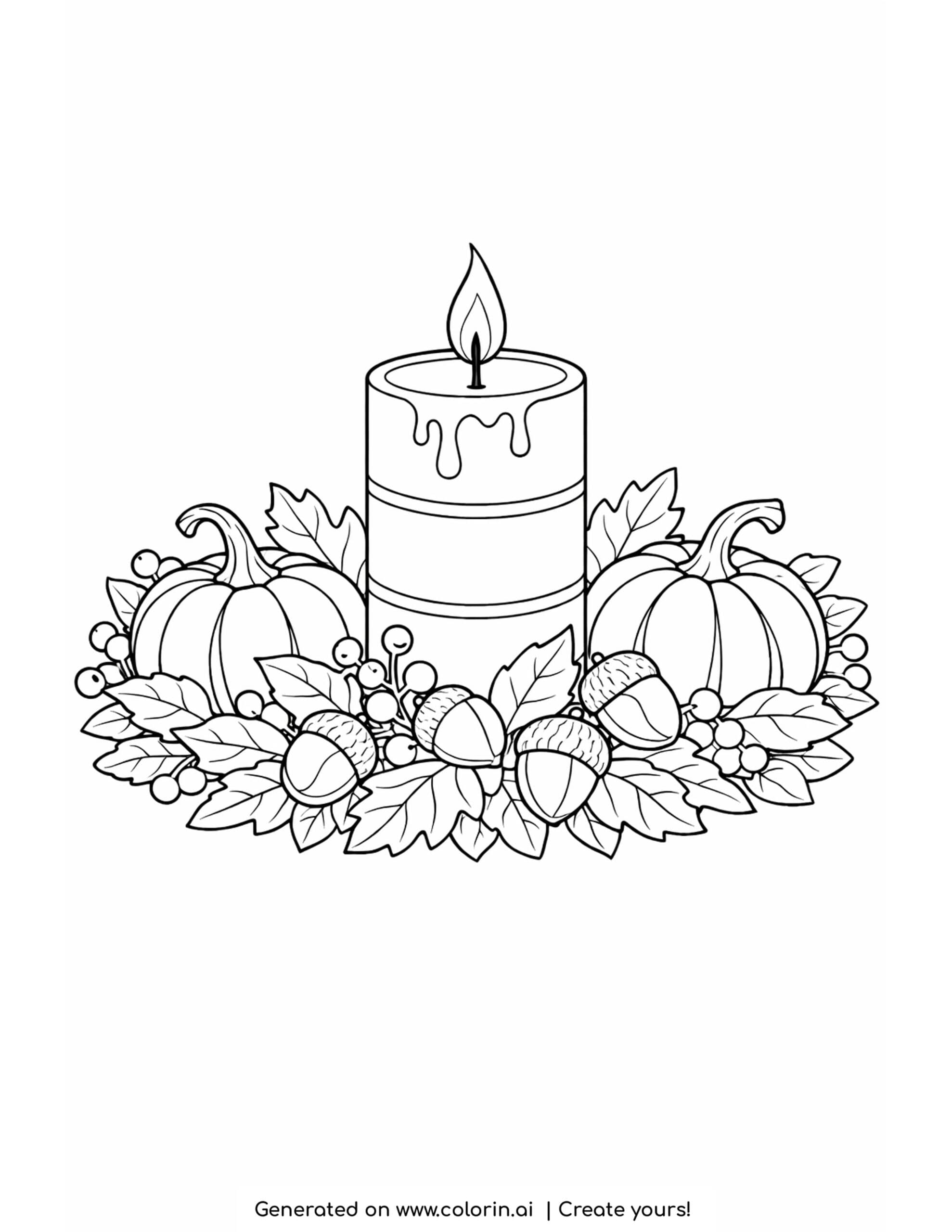 thanksgiving coloring pages for adults, a lit pillar candle surrounded by pumpkins, acorns, berries, and a wreath of leaves