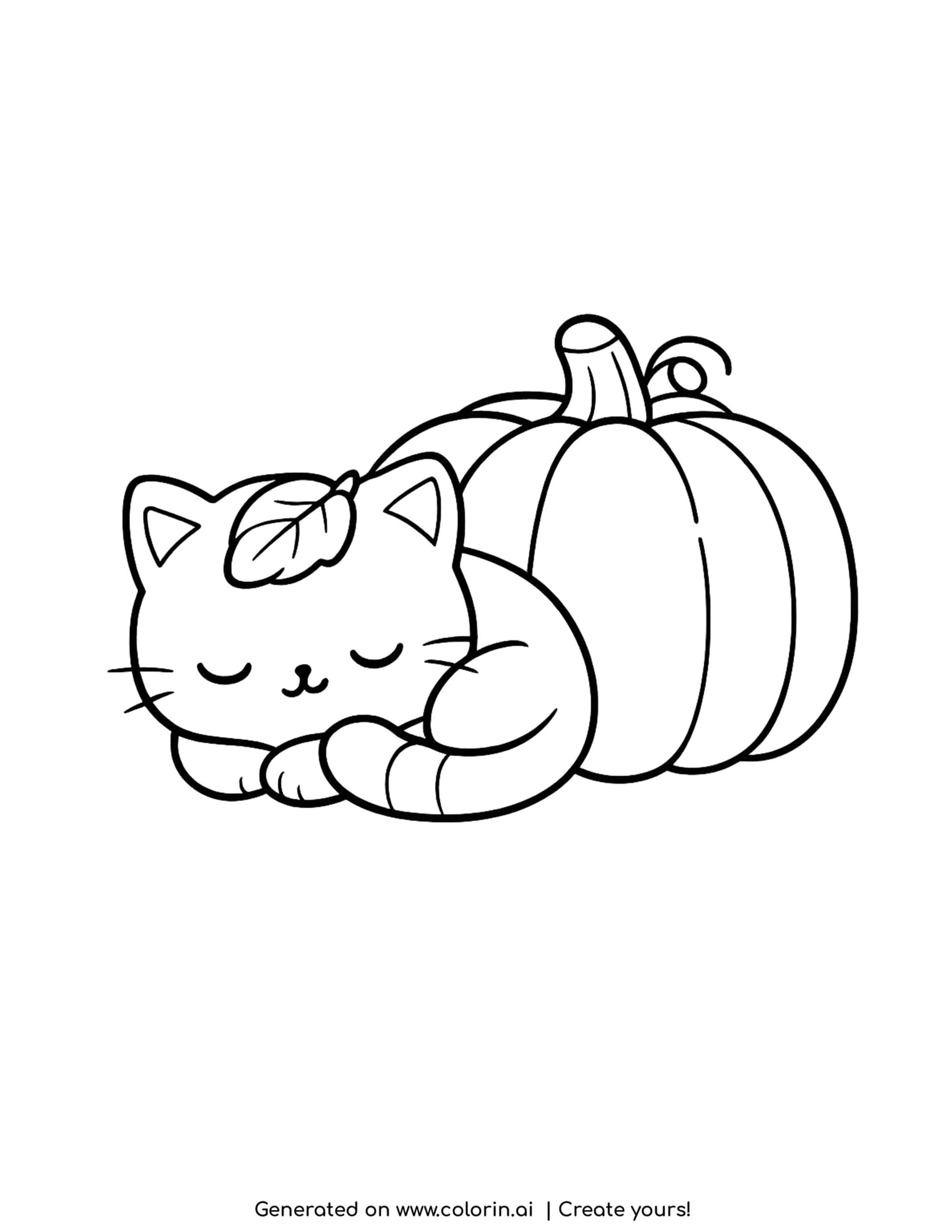 thanksgiving cat coloring pages, a round cat curled up asleep against a large pumpkin with a leaf on its head